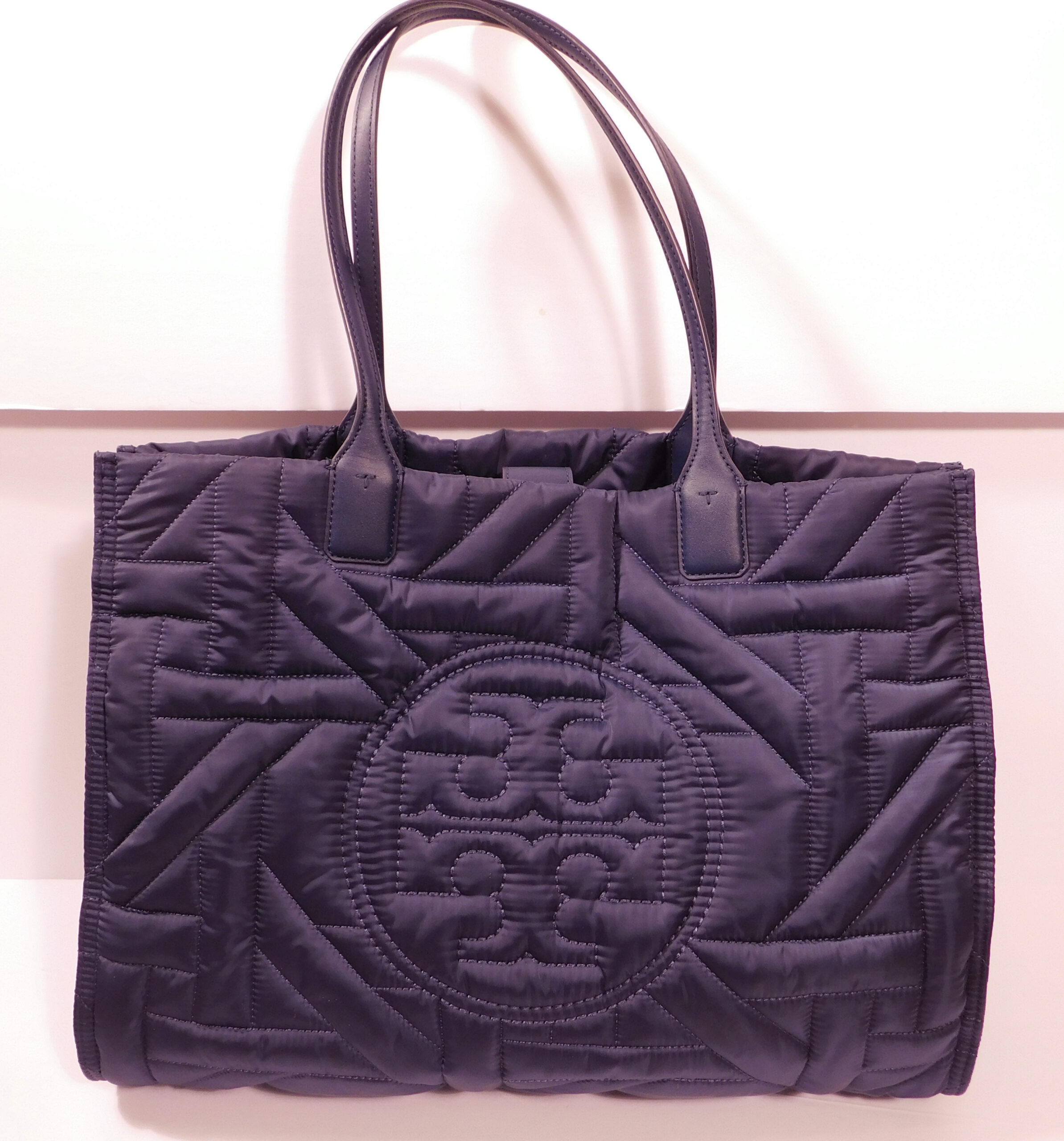 TORY BURCH Navy Blue Quilted Nylon Large Tote Handbag