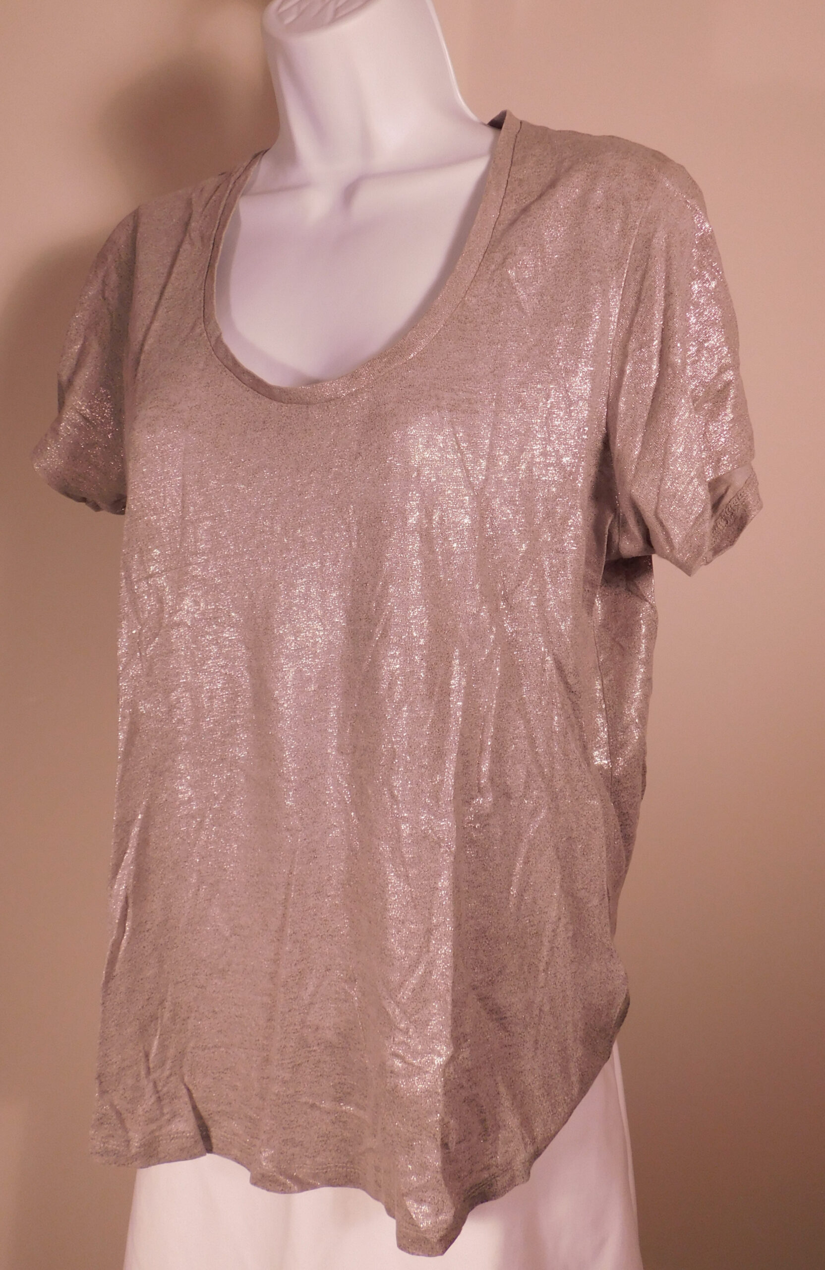 J CREW Women's Silver Metallic Linen Knit Short Sleeved Scoop Neck Boxy T - Shirt Sz M