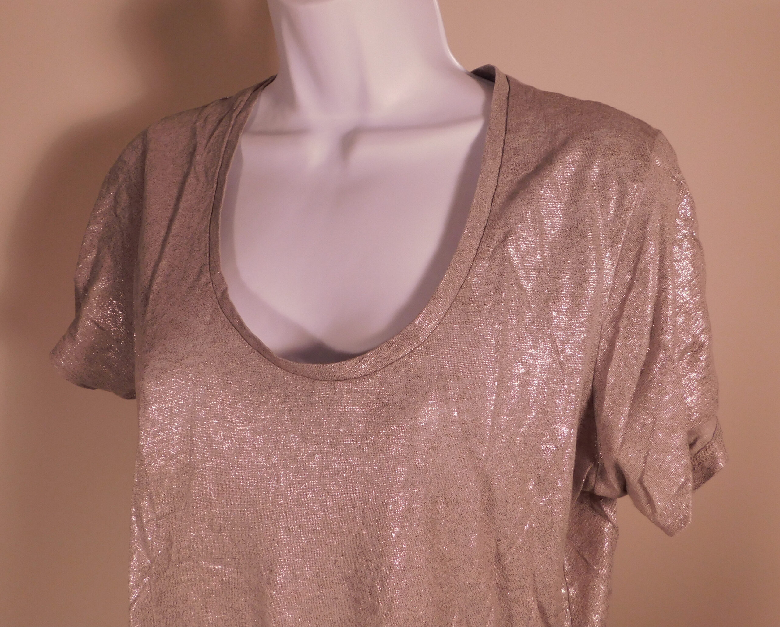 J CREW Women's Silver Metallic Linen Knit Short Sleeved Scoop Neck Boxy T - Shirt Sz M - Image 3
