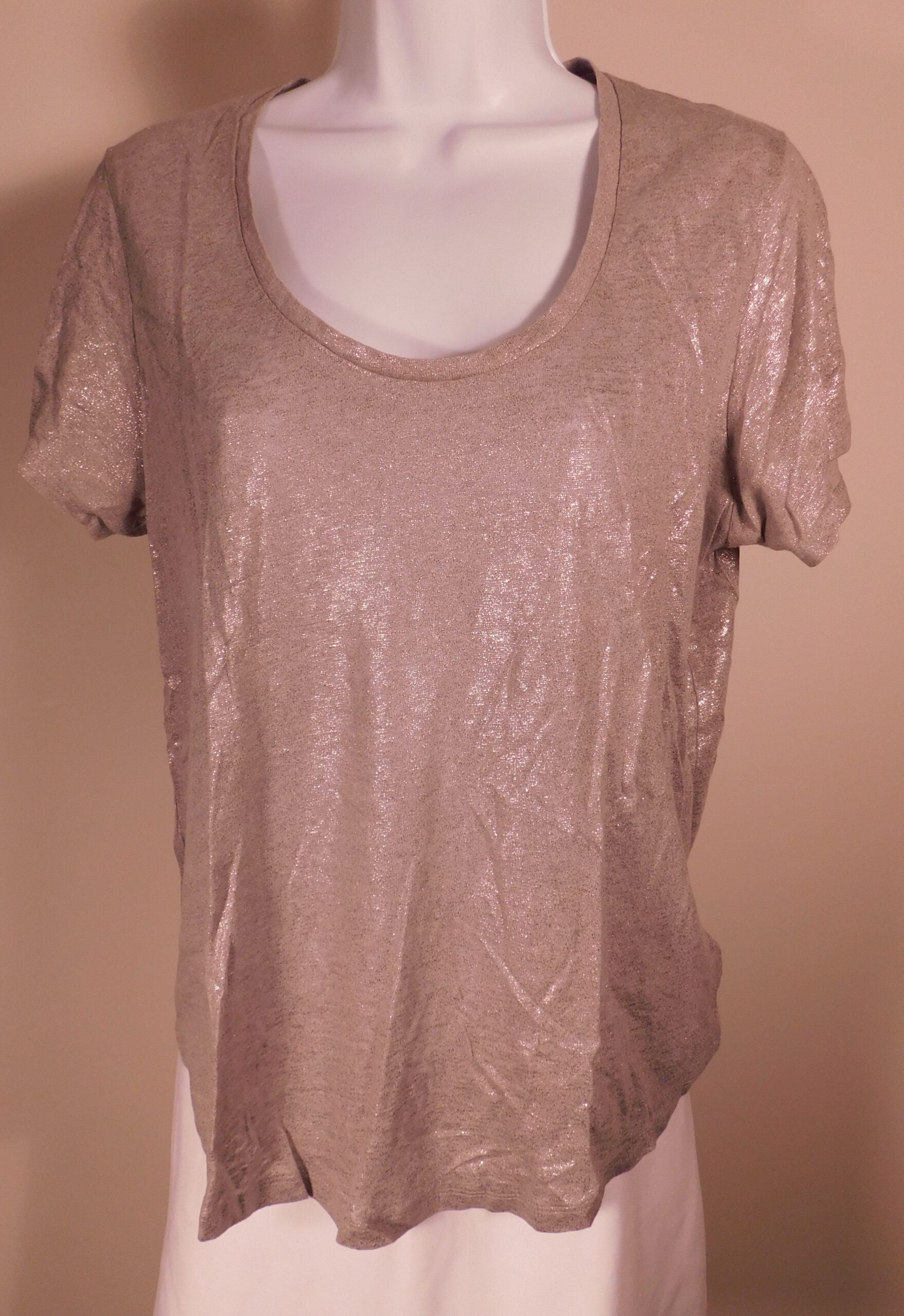 J CREW Women's Silver Metallic Linen Knit Short Sleeved Scoop Neck Boxy T - Shirt Sz M - Image 4