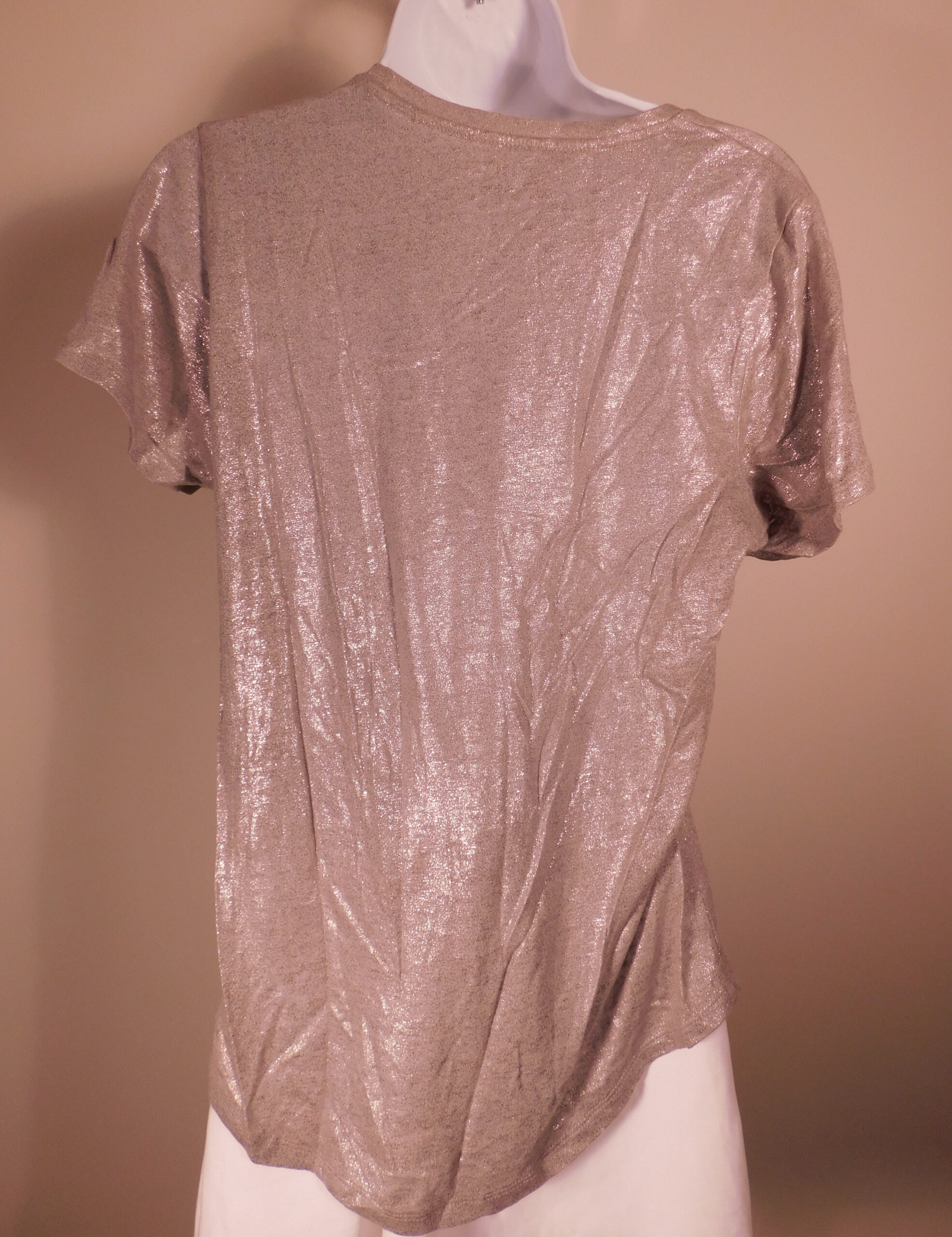 J CREW Women's Silver Metallic Linen Knit Short Sleeved Scoop Neck Boxy T - Shirt Sz M - Image 5