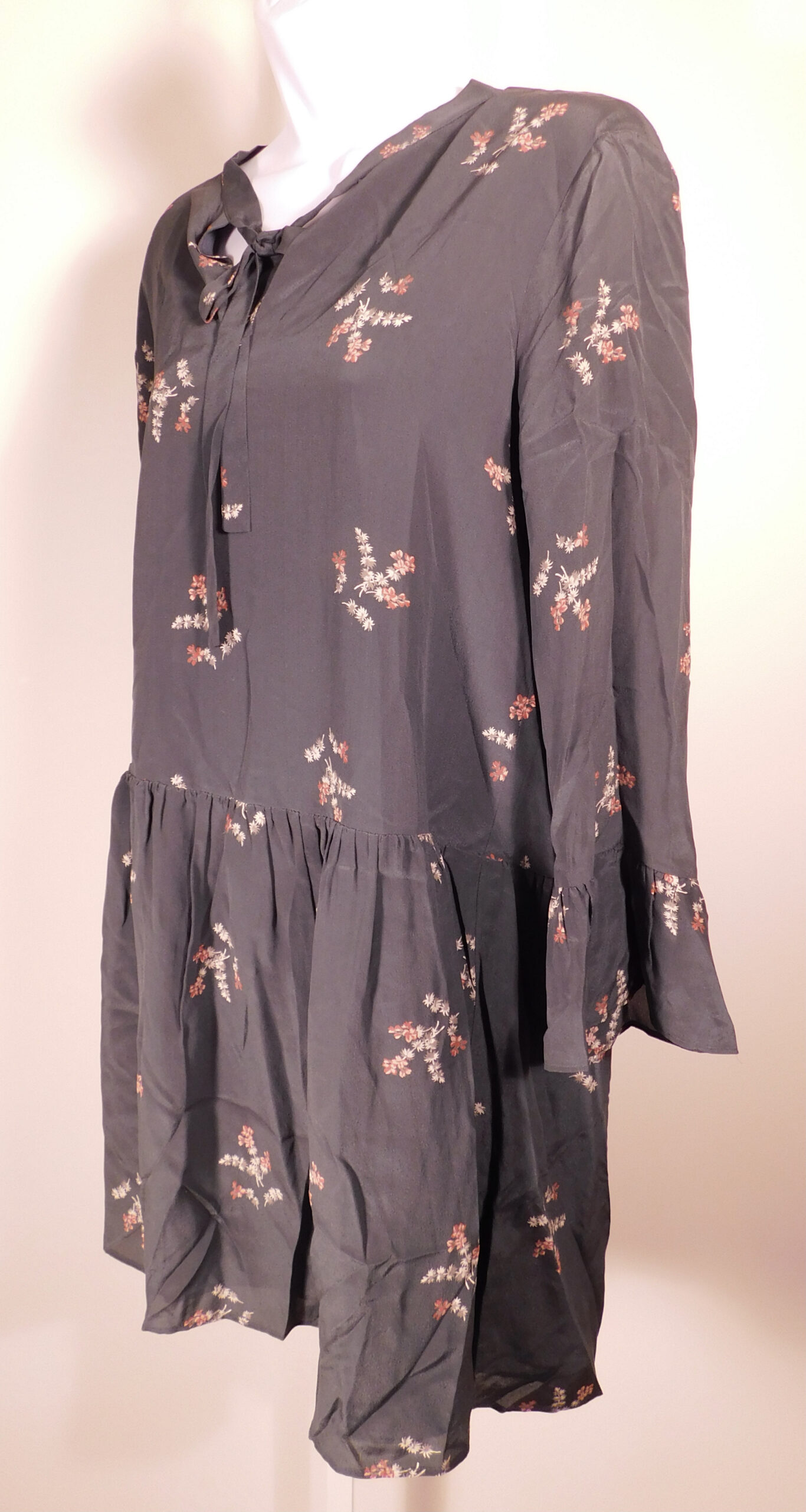 MADEWELL Women's Green Floral Long Sleeve Silk Drop Waist Dress Sz L