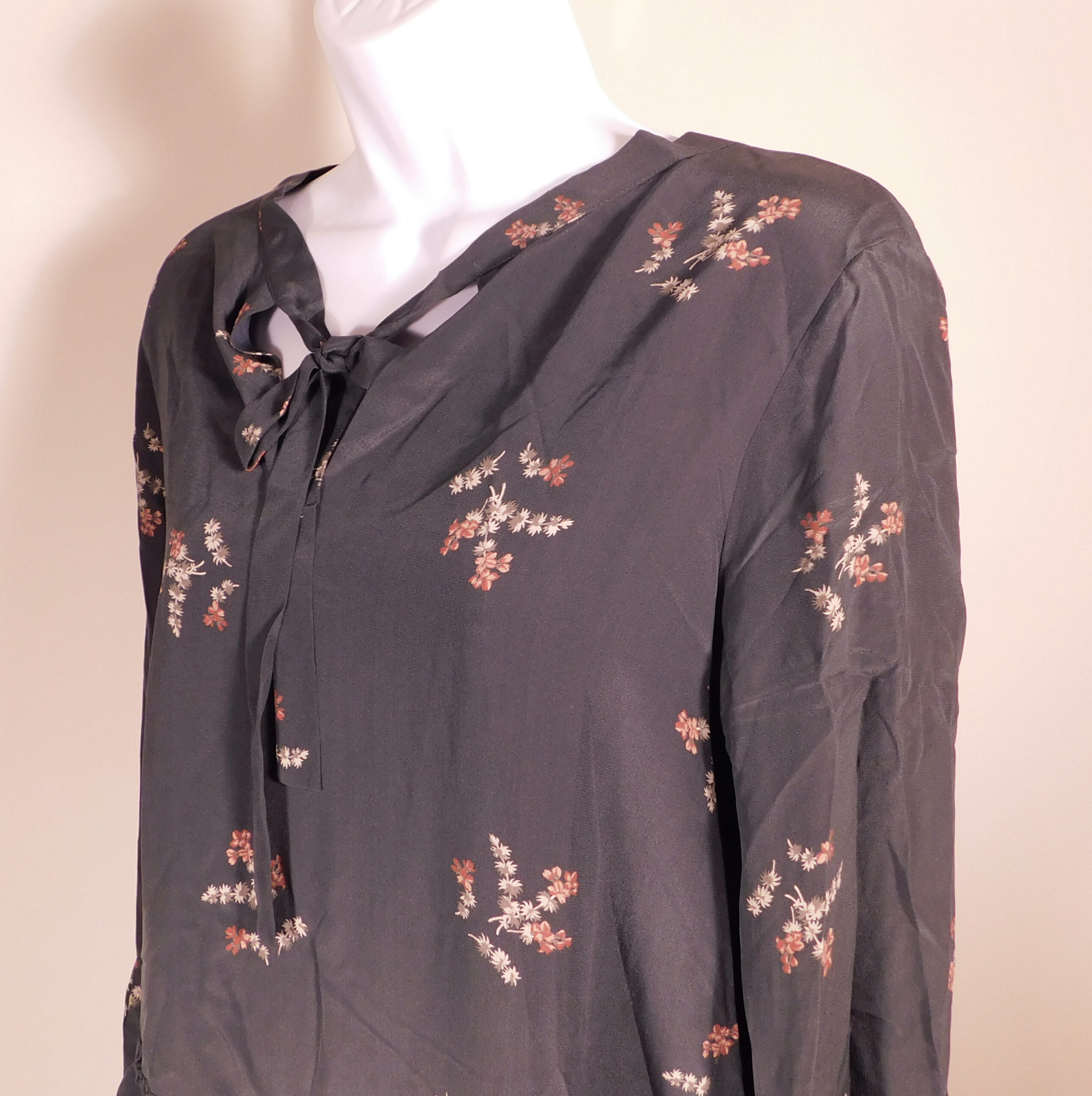 MADEWELL Women's Green Floral Long Sleeve Silk Drop Waist Dress Sz L - Image 3