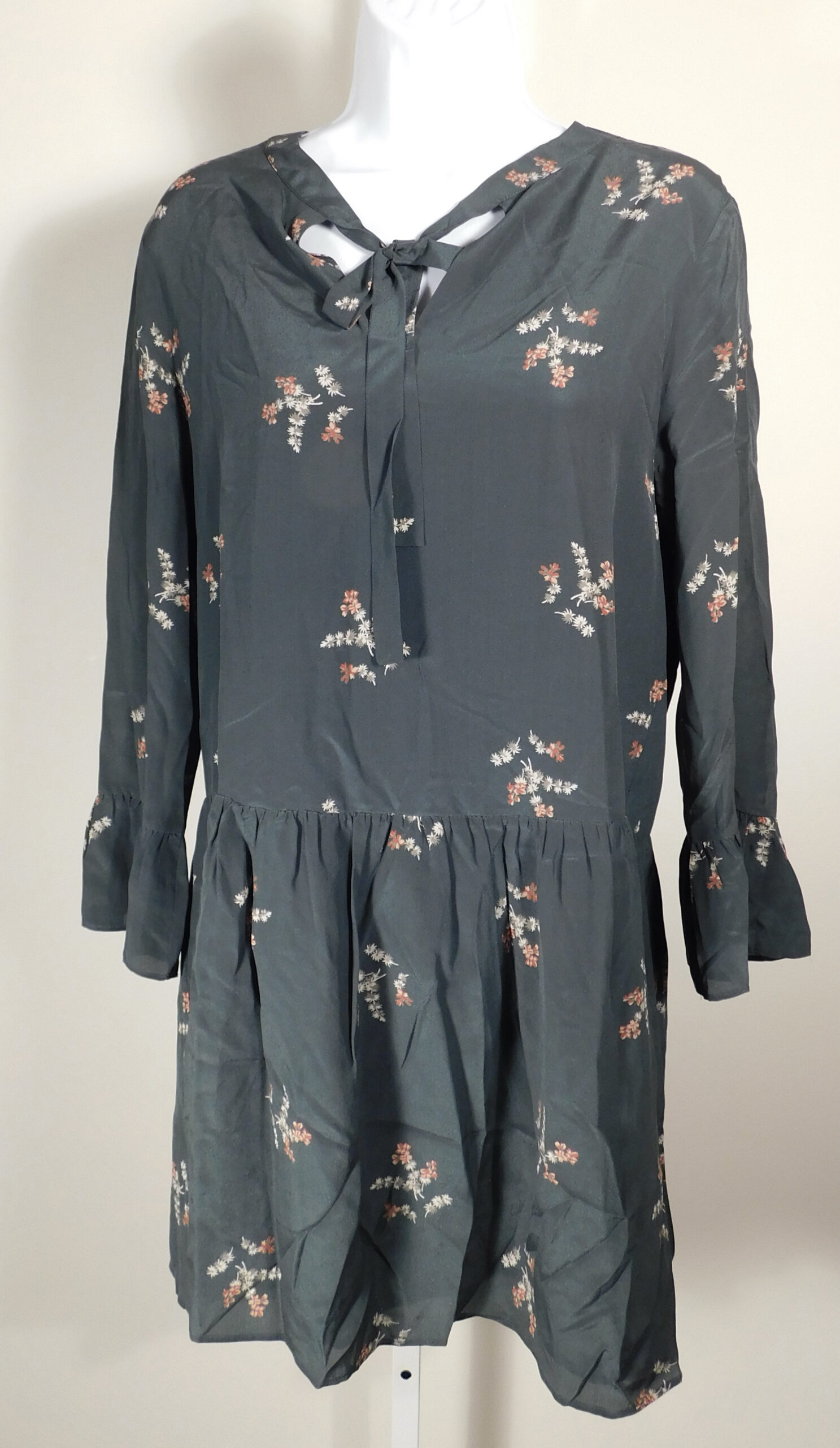 MADEWELL Women's Green Floral Long Sleeve Silk Drop Waist Dress Sz L - Image 4