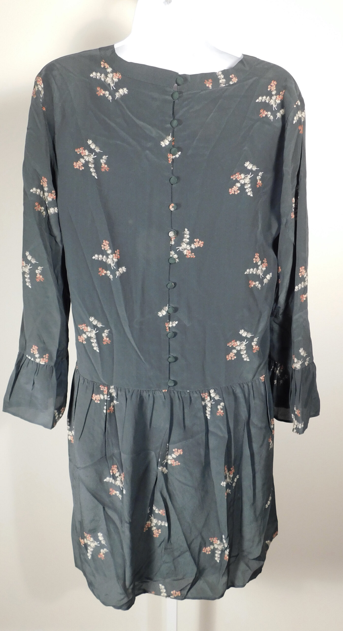 MADEWELL Women's Green Floral Long Sleeve Silk Drop Waist Dress Sz L - Image 5
