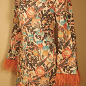 DOUBLE J Women's Blue Floral W Feather Trim Open Back Long Sleeve Spock Dress Sz M ($850)