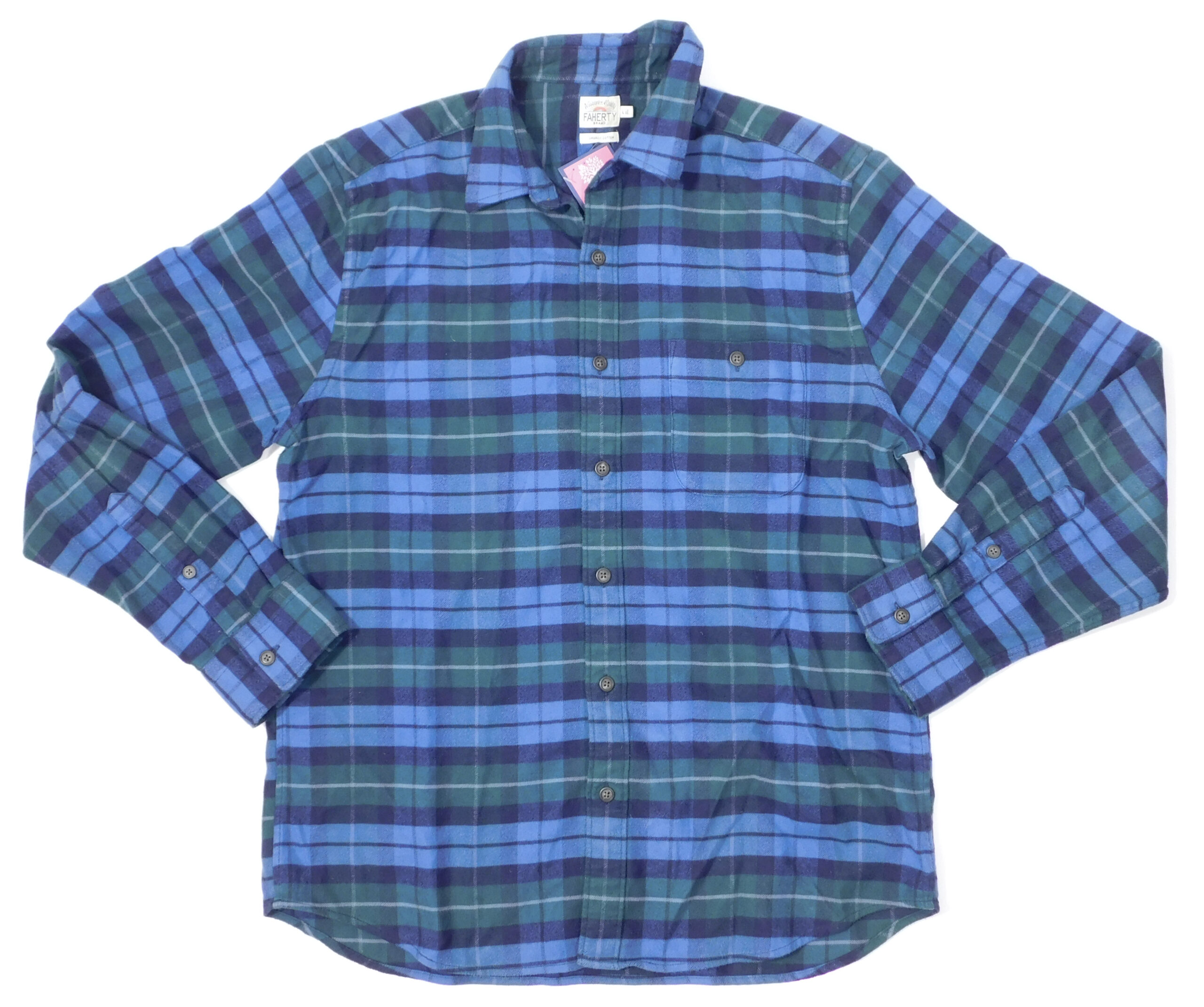 FAHERTY Men's Blue, Green Plaid Long Sleeve Cotton Flannel Button Front Shirt Sz L ($168) - Image 3