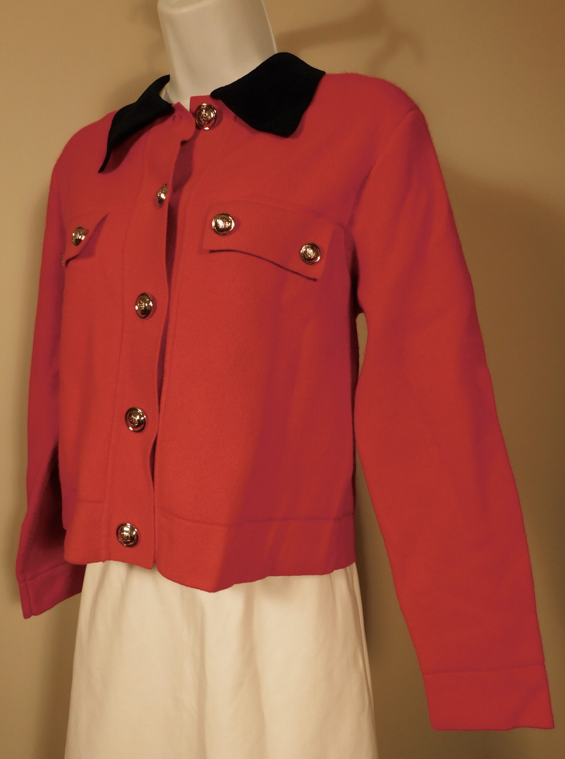SANDRO Women's Red Contrast Black Collar Button Front Wool Blend Cardigan Sweater Sz 1