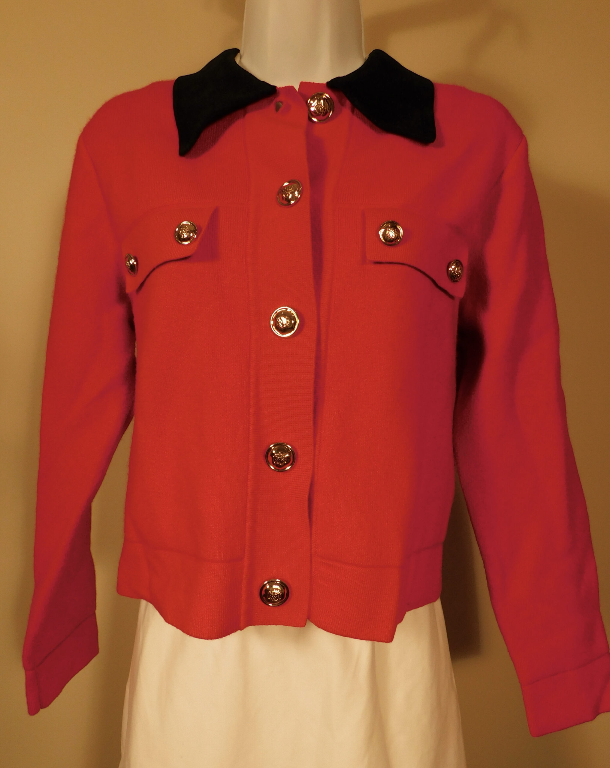 SANDRO Women's Red Contrast Black Collar Button Front Wool Blend Cardigan Sweater Sz 1 - Image 4
