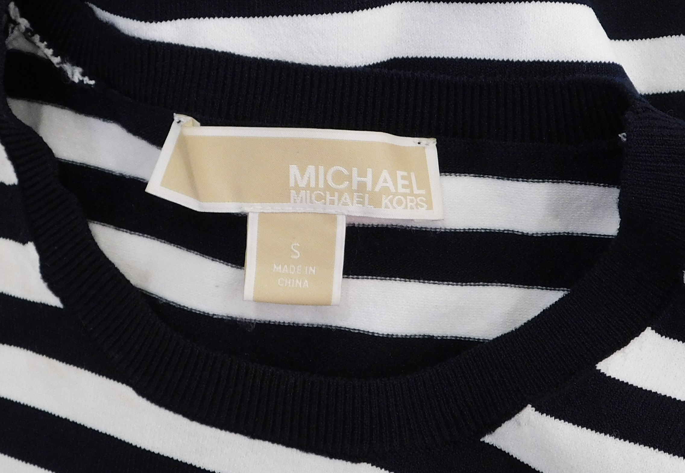 MICHAEL MICHAEL KORS Women's Navy Blue White Striped Stretch Knit Crewneck Cashmere Sweater Sz S ($199) - Image 7