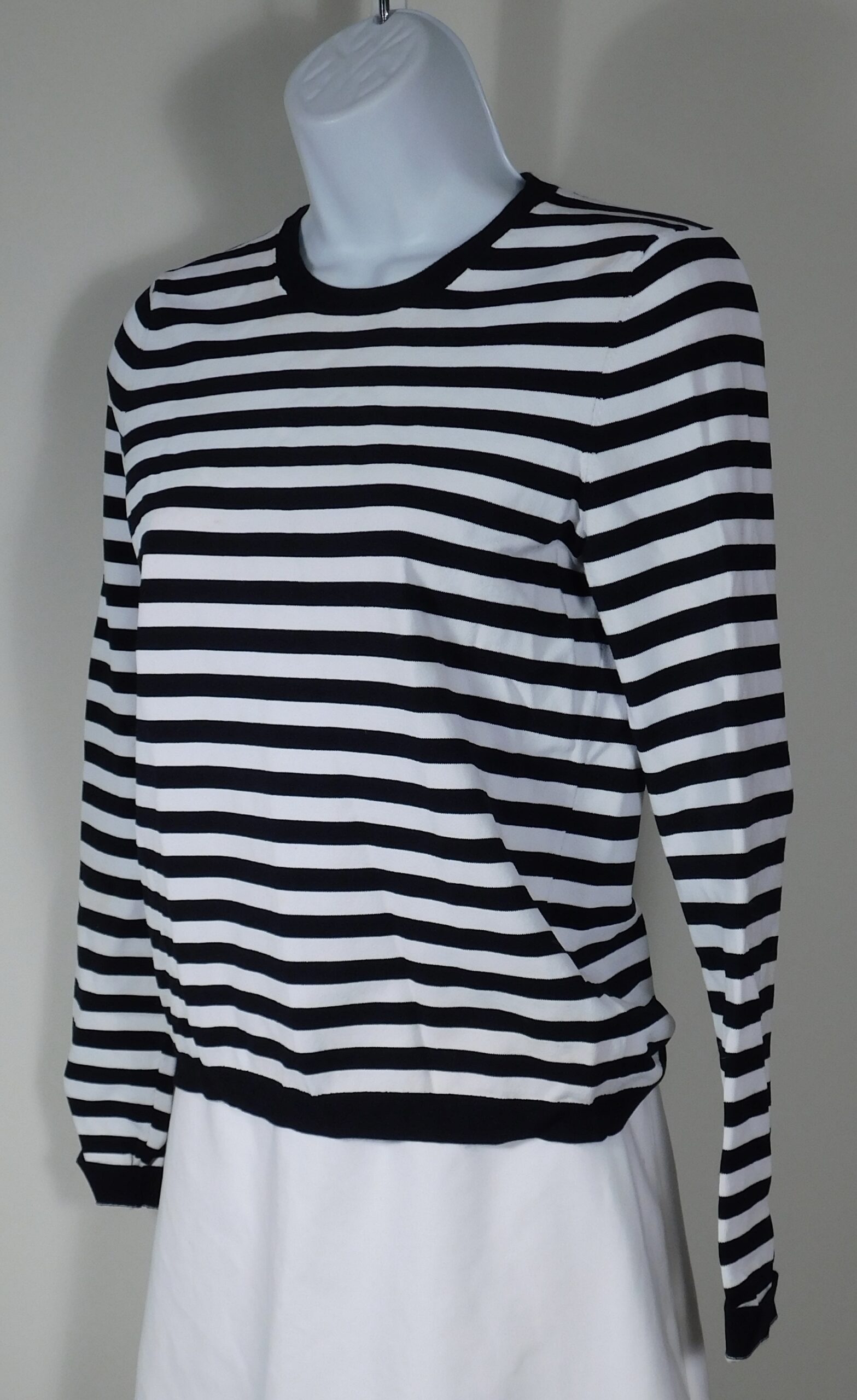 MICHAEL MICHAEL KORS Women's Navy Blue White Striped Stretch Knit Crewneck Cashmere Sweater Sz S ($199)