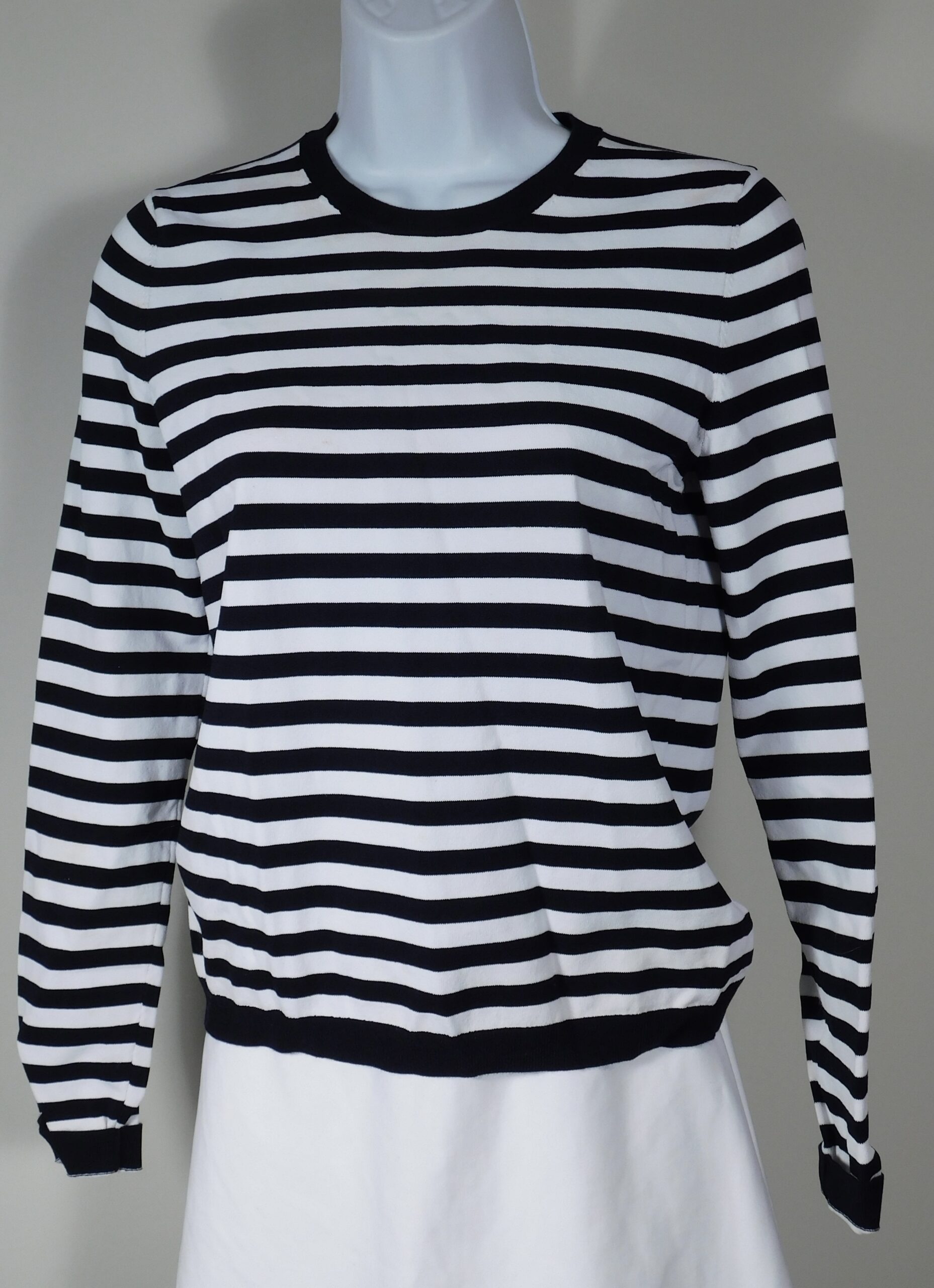 MICHAEL MICHAEL KORS Women's Navy Blue White Striped Stretch Knit Crewneck Cashmere Sweater Sz S ($199) - Image 4