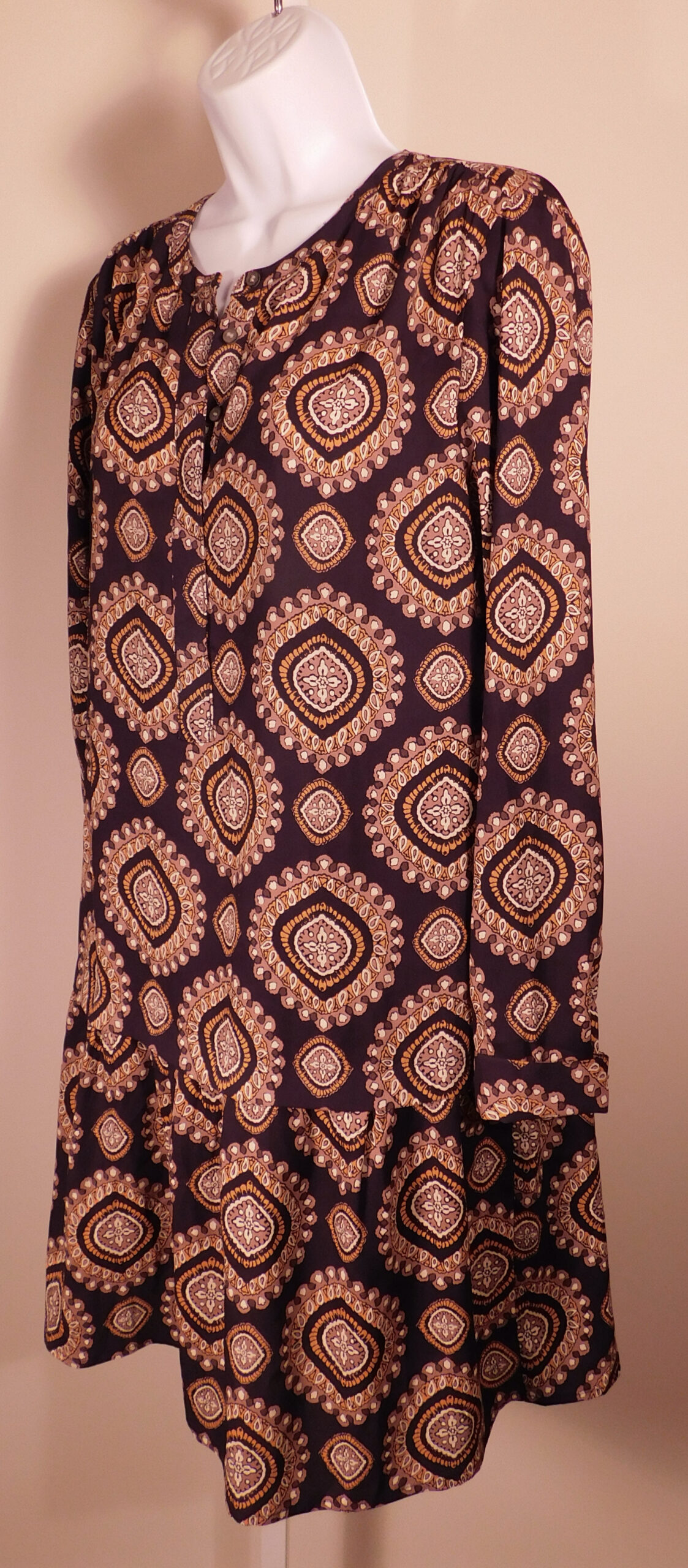 LOFT ANN TAYLOR Women's Black Print V-Neck Long Sleeve Drop Waist Dress Sz M