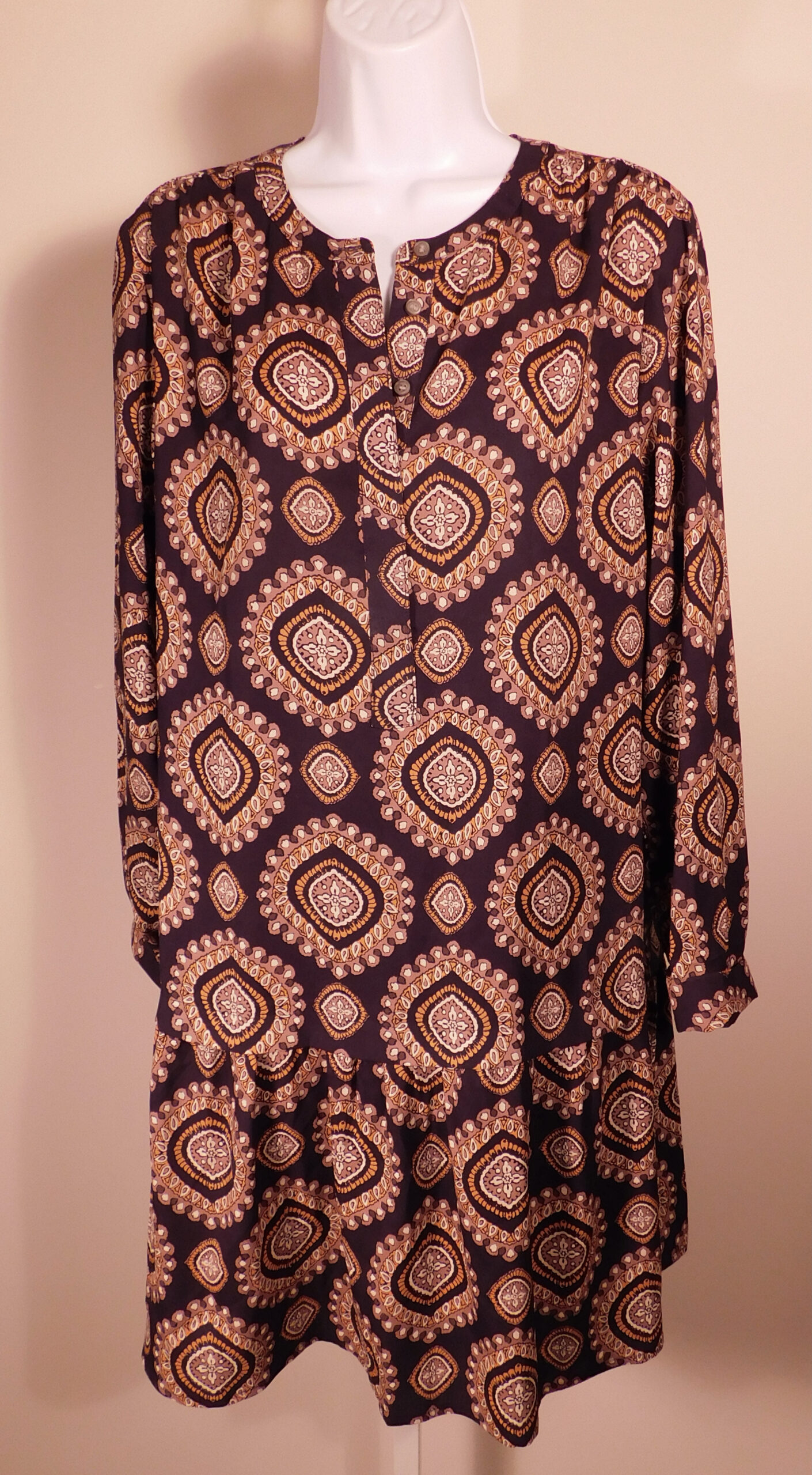 LOFT ANN TAYLOR Women's Black Print V-Neck Long Sleeve Drop Waist Dress Sz M - Image 4