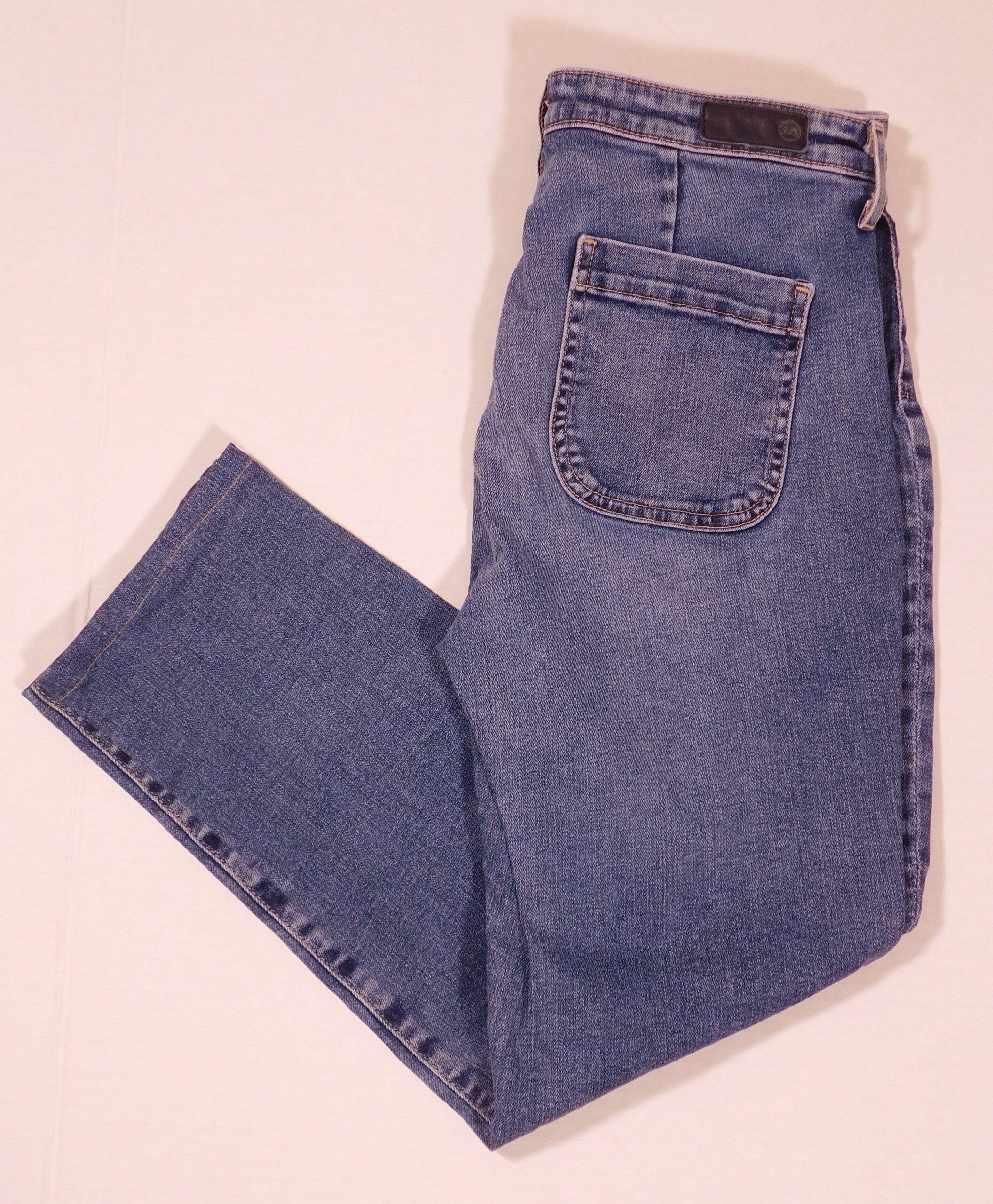 ADRIANO GOLDSCHMIED AG for ANTHROPOLOGIE Women's Medium Wash "PETITE VINTAGE STEVIE ANKLE BUTTON UP" Straight Ankle Jean Sz 29p