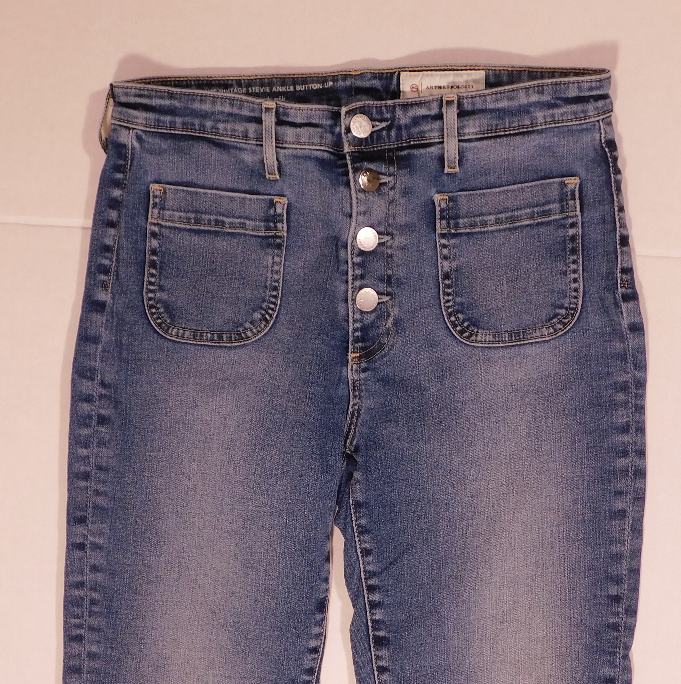 ADRIANO GOLDSCHMIED AG for ANTHROPOLOGIE Women's Medium Wash "PETITE VINTAGE STEVIE ANKLE BUTTON UP" Straight Ankle Jean Sz 29p - Image 4