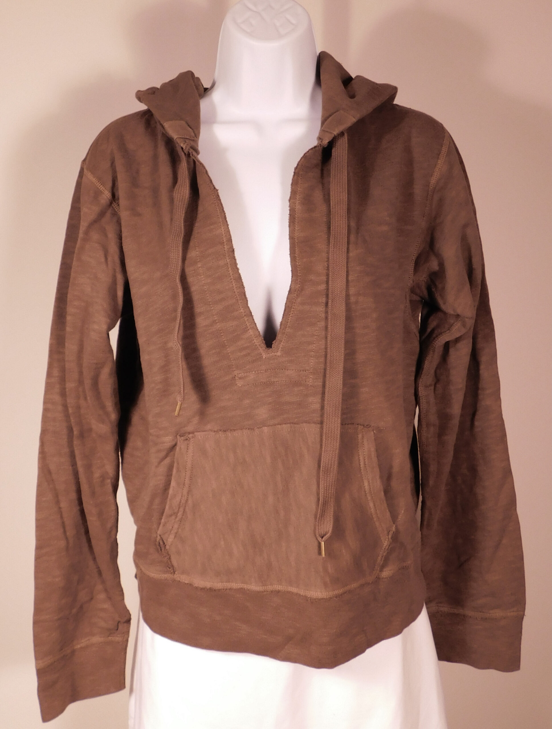 J CREW Women's Brown French Terry Cotton Hooded V-Neck Sweatshirt Blouse Sz L - Image 3
