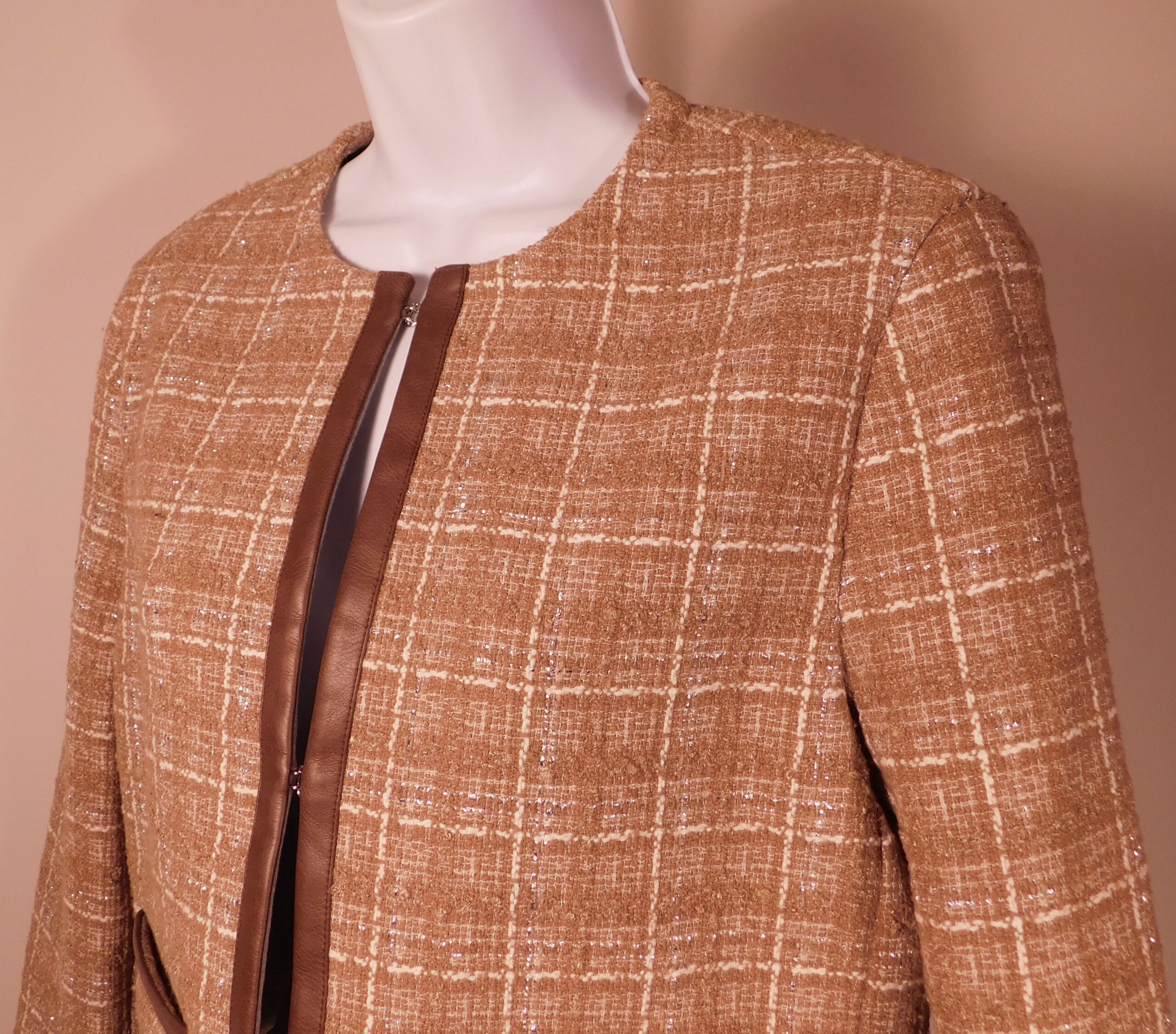 PINKO Women's Tan Tweed Faux Leather TrimJacket Blazer Sz 6 ($530) - Image 4