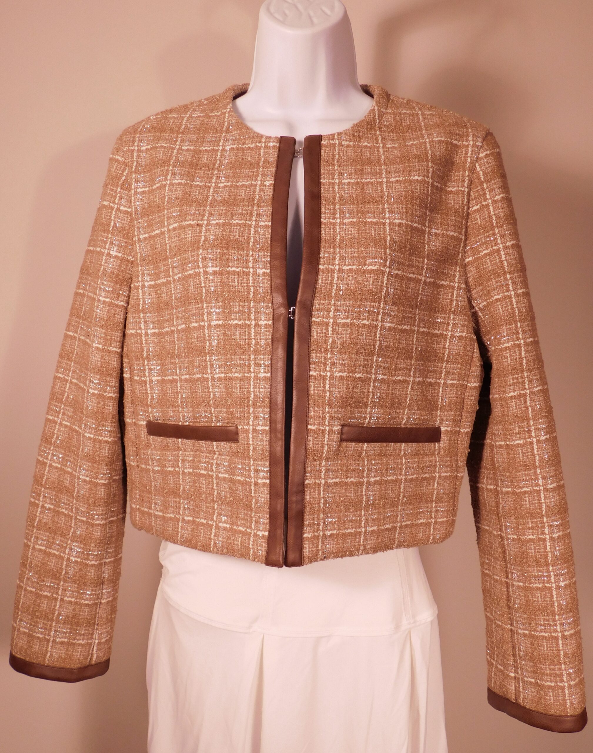 PINKO Women's Tan Tweed Faux Leather TrimJacket Blazer Sz 6 ($530) - Image 3