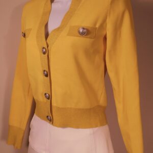 L'AGENCE Women's Yellown Metallic Trim V-Neck Gold Tone Buttons Sweater Sz S/P ($455)