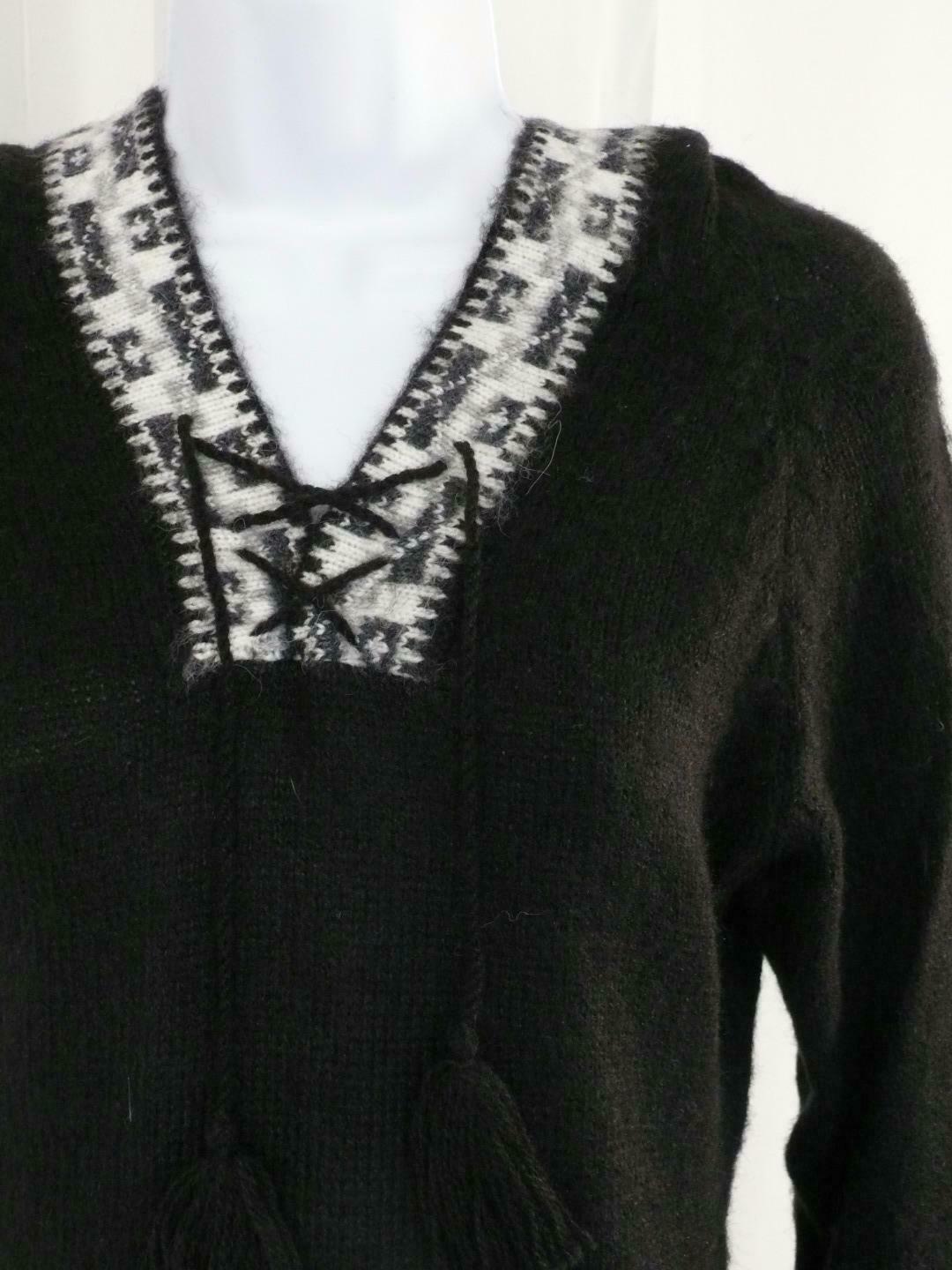 AMERICAN SOUTH SIDE Women's Black White Trim Wool Hooded V-Neck Sweater Sz M - Image 3