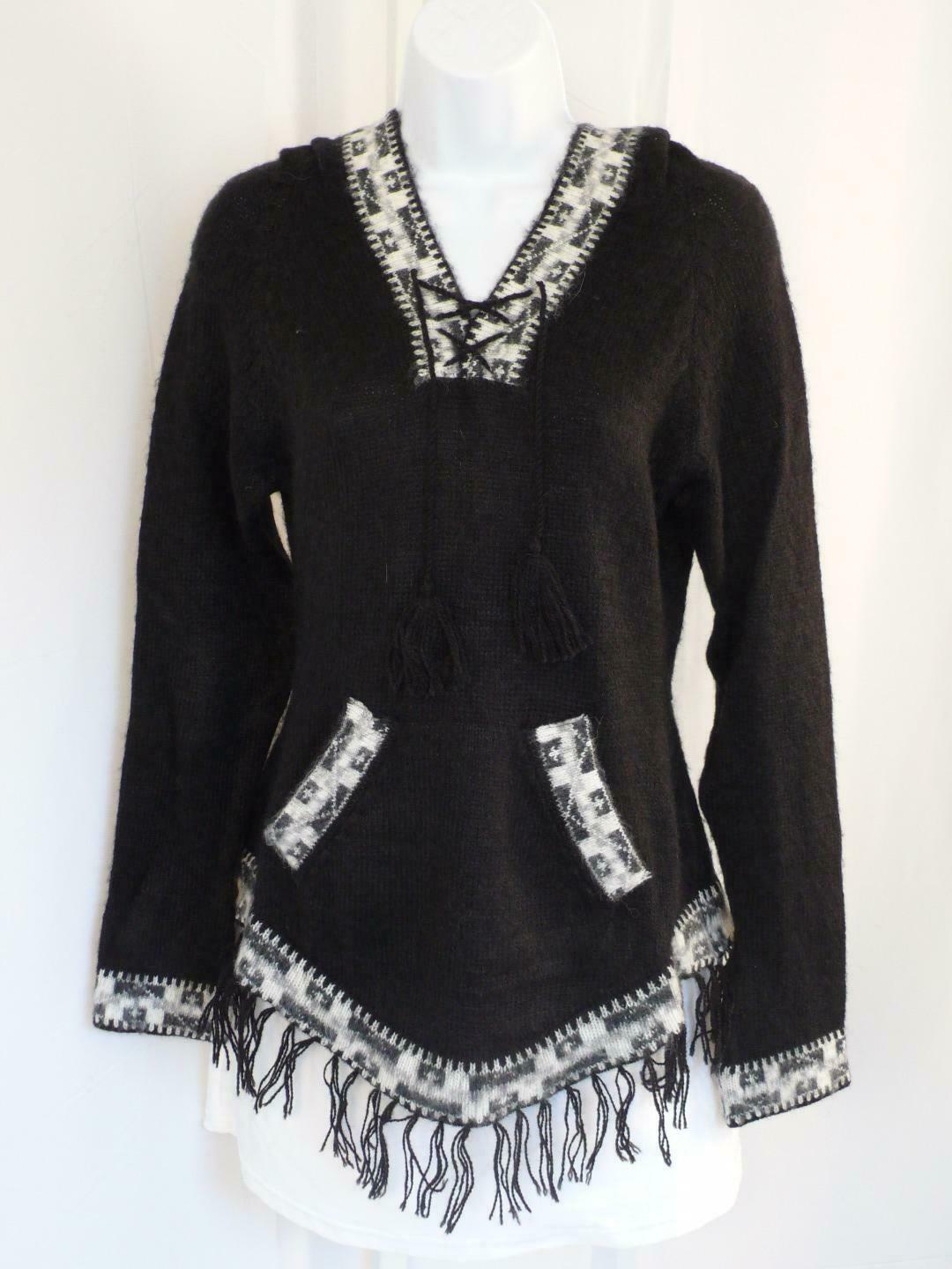 AMERICAN SOUTH SIDE Women's Black White Trim Wool Hooded V-Neck Sweater Sz M - Image 4