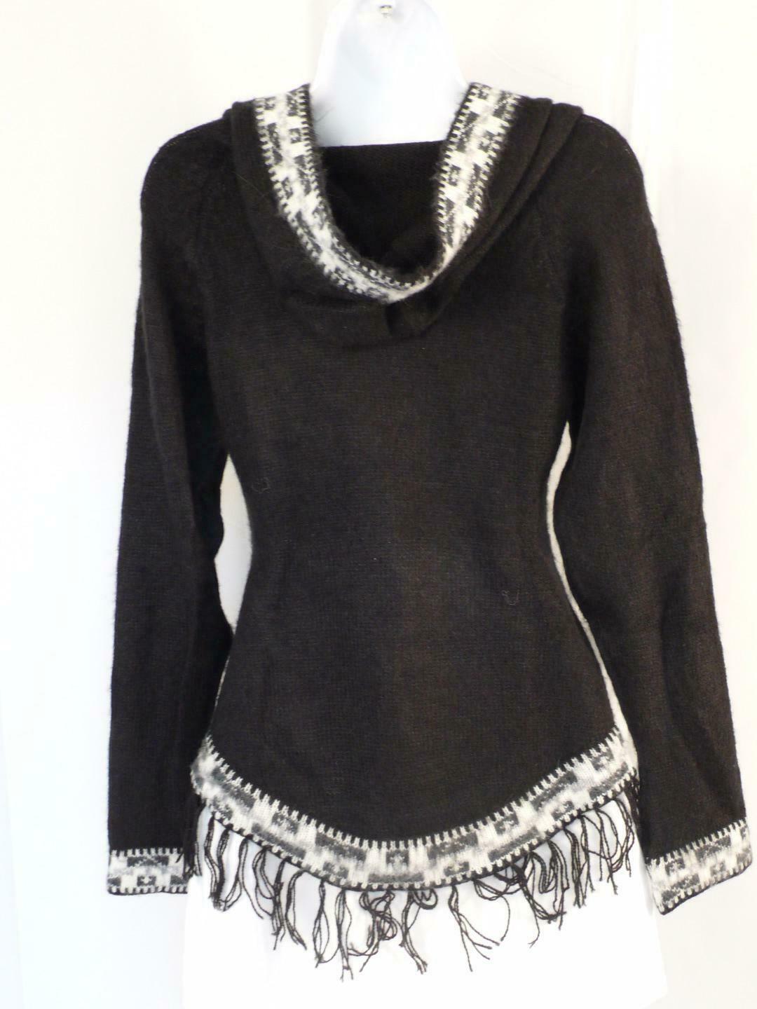 AMERICAN SOUTH SIDE Women's Black White Trim Wool Hooded V-Neck Sweater Sz M - Image 7
