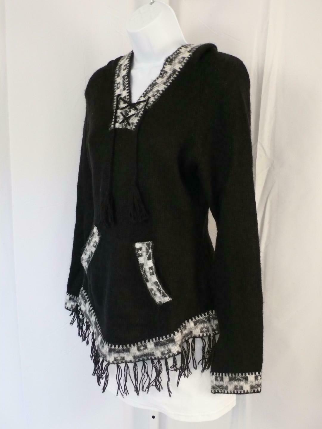 AMERICAN SOUTH SIDE Women's Black White Trim Wool Hooded V-Neck Sweater Sz M