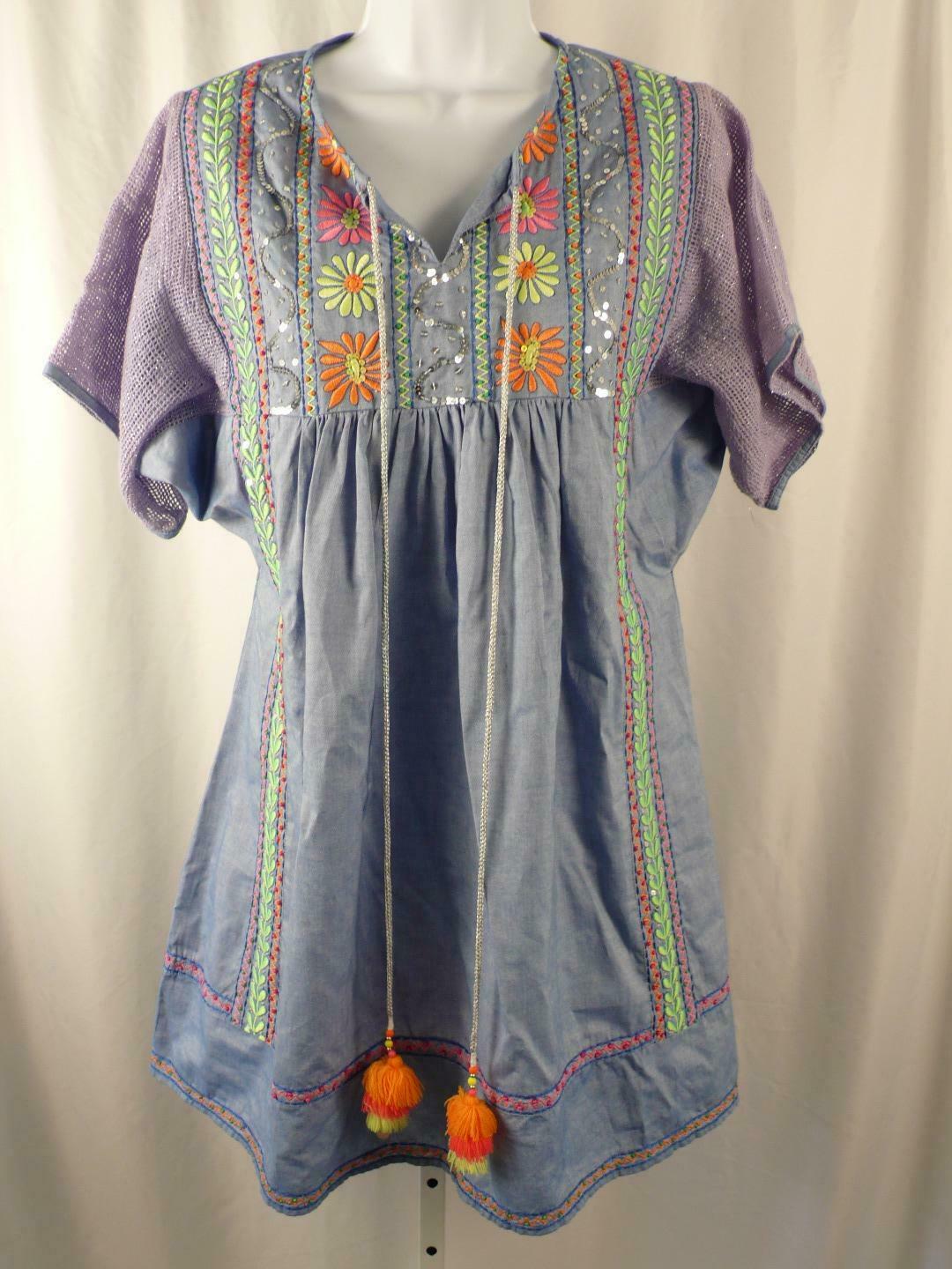 B FLONT Women's Blue Kaftan Embroidery & Sequins Short Sleeve Cotton Dress Sz S - Image 3