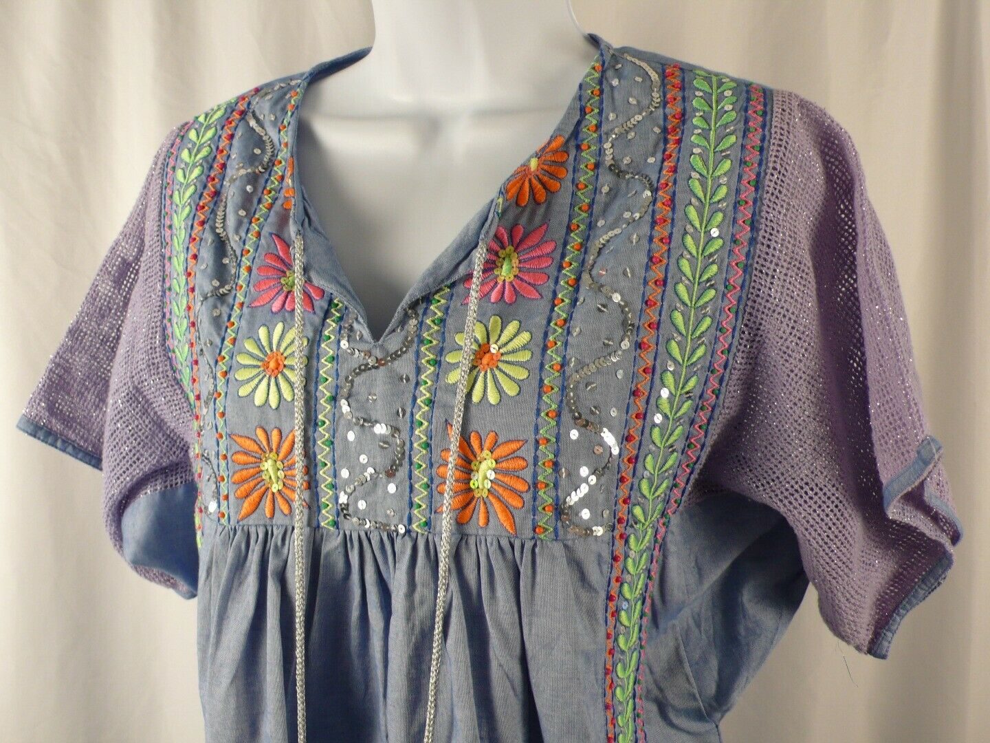 B FLONT Women's Blue Kaftan Embroidery & Sequins Short Sleeve Cotton Dress Sz S - Image 4