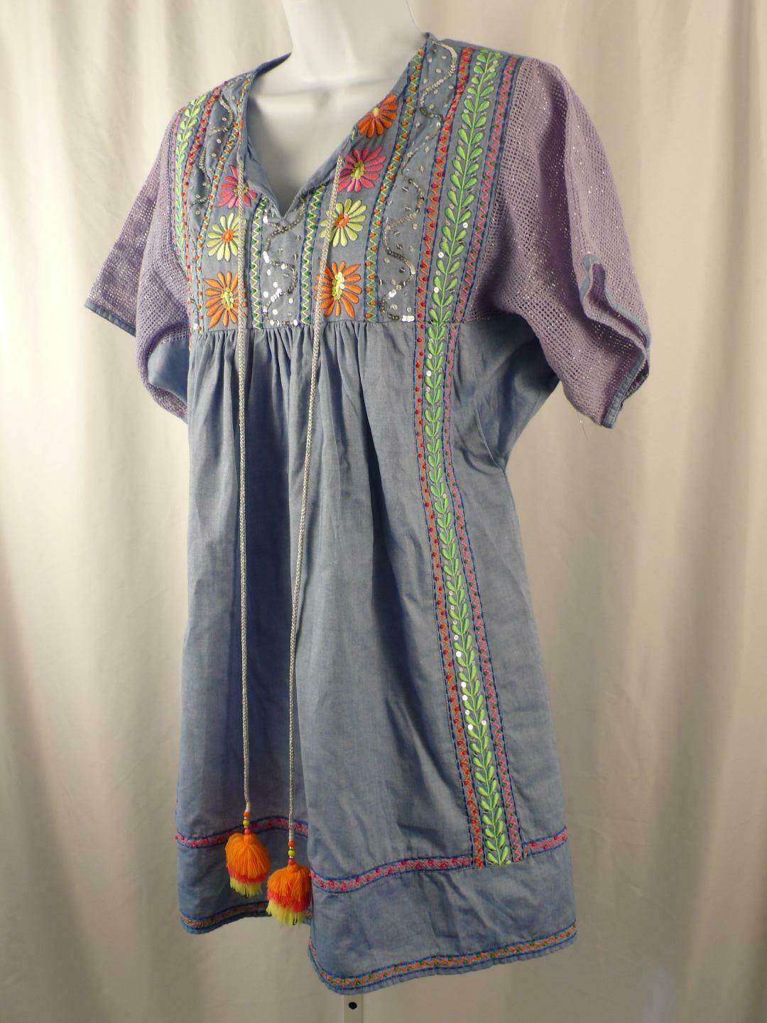 B FLONT Women's Blue Kaftan Embroidery & Sequins Short Sleeve Cotton Dress Sz S