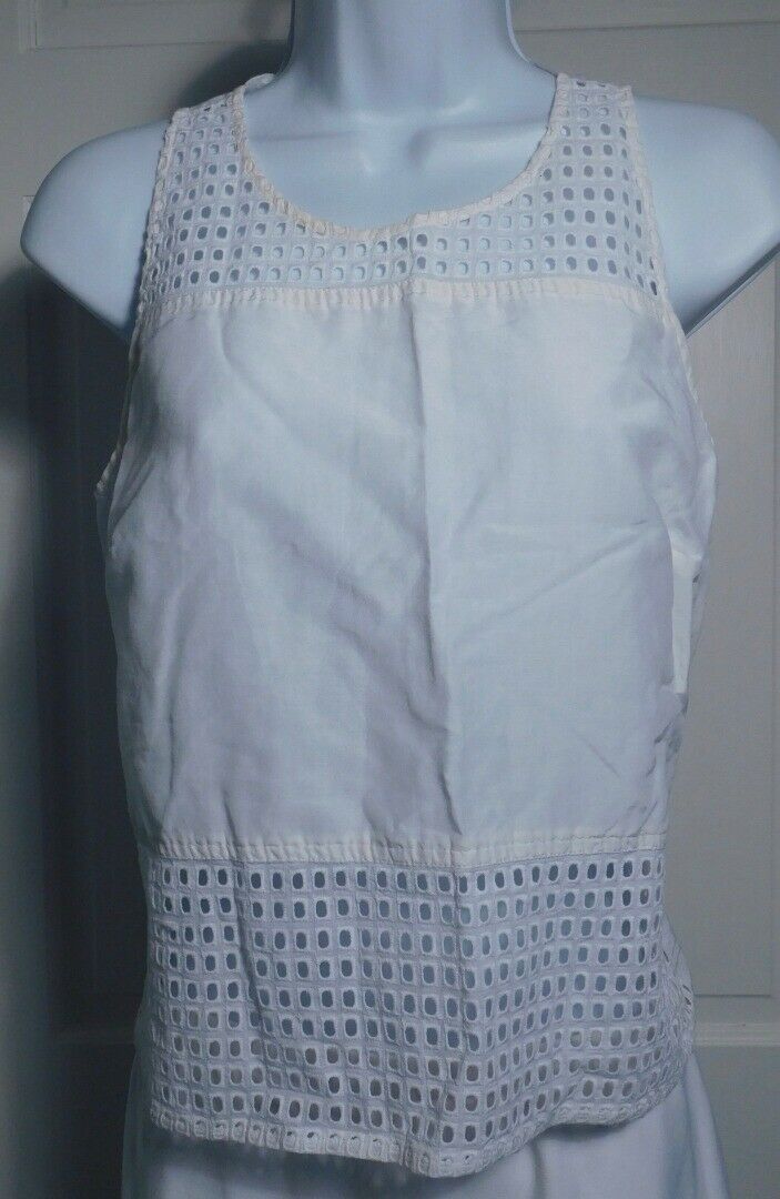 CHELSEA28 Women's White Cotton Silk Sleeveless Eyelet Trim Tunic Blouse Sz S - Image 3