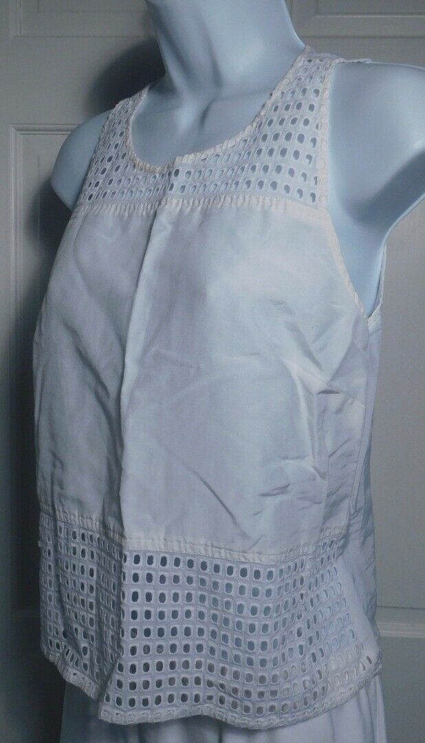 CHELSEA28 Women's White Cotton Silk Sleeveless Eyelet Trim Tunic Blouse Sz S