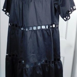 CYNTHIA ROWLEY Black Postcard Eyelet Short Sleeve Cotton A-Line Dress Sz S $325
