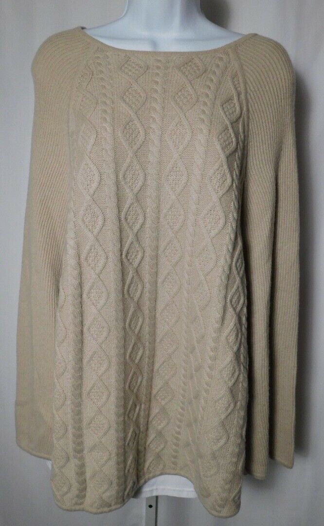 ELLIE KAI NWOT Women's Beige Wool Cabled Cashmere Sweater Poncho Sz OS - Image 3