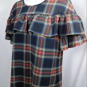 J CREW Black Red Yellow Blue Plaid Ruffle Shoulder Short Sleeve Blouse Sz 6