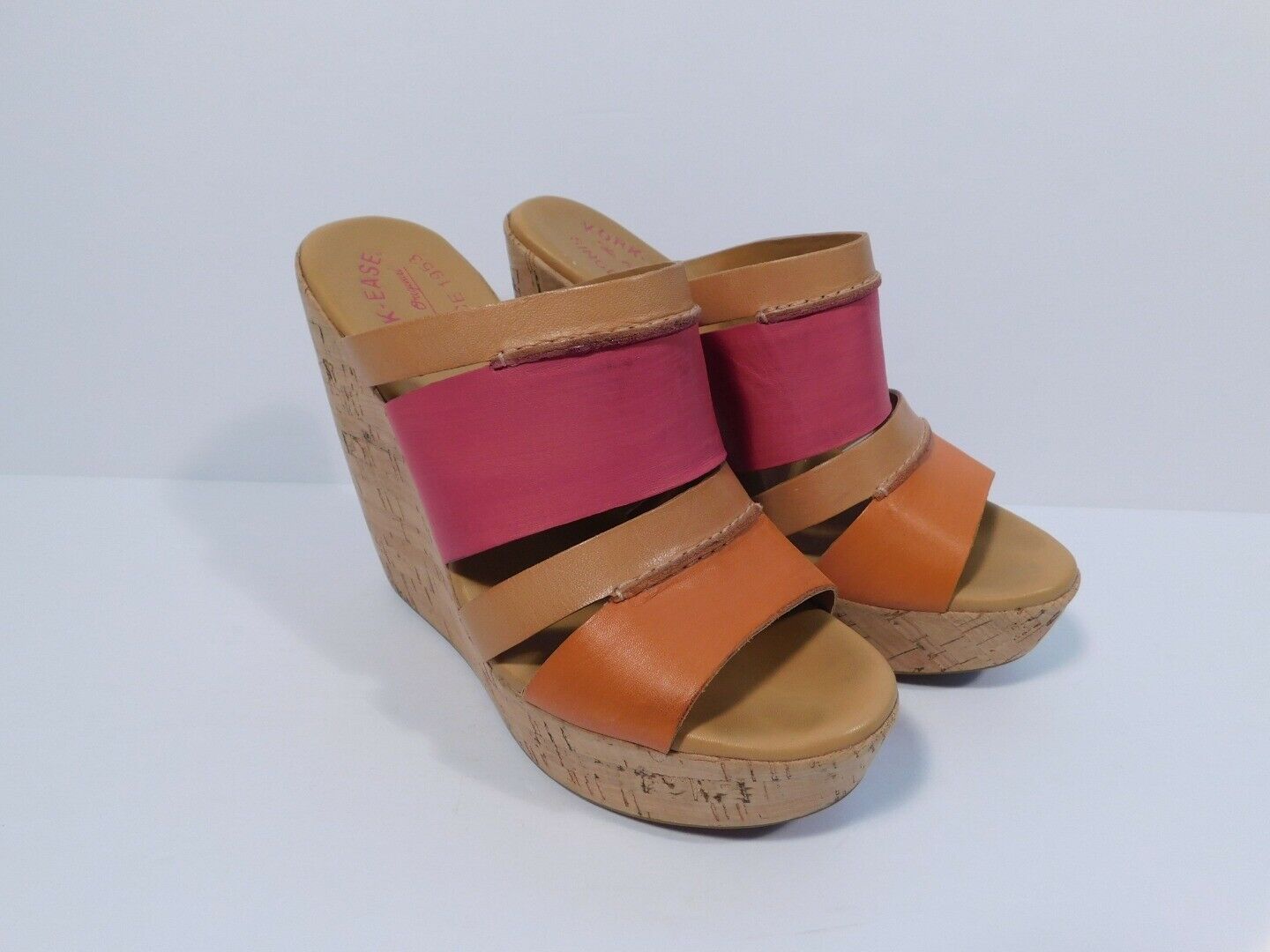 KORK EASE Pink Orange Tan Leather Cork Open Toe Platform Sandal Sz 7 - Image 3