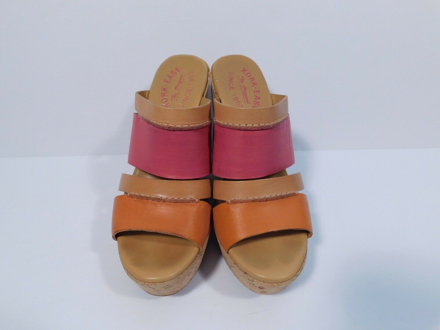 KORK EASE Pink Orange Tan Leather Cork Open Toe Platform Sandal Sz 7 - Image 4