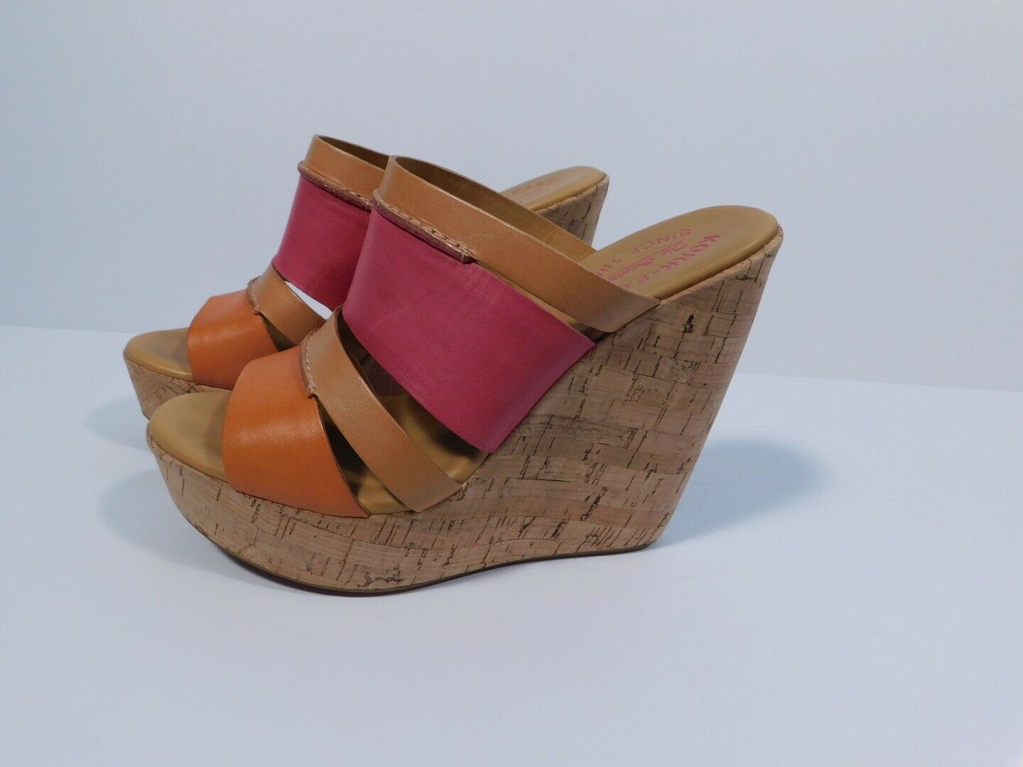 KORK EASE Pink Orange Tan Leather Cork Open Toe Platform Sandal Sz 7 - Image 5