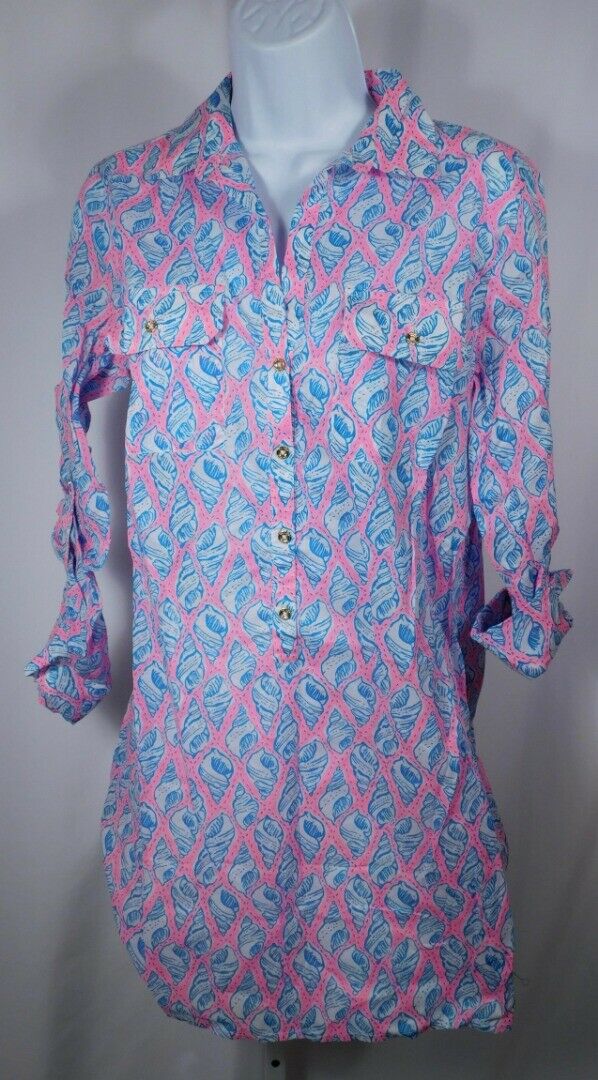 LILLY PULITZER Women's Turquoise Pink Shell Print V-Neck Cover Up Tunic Sz S - Image 3