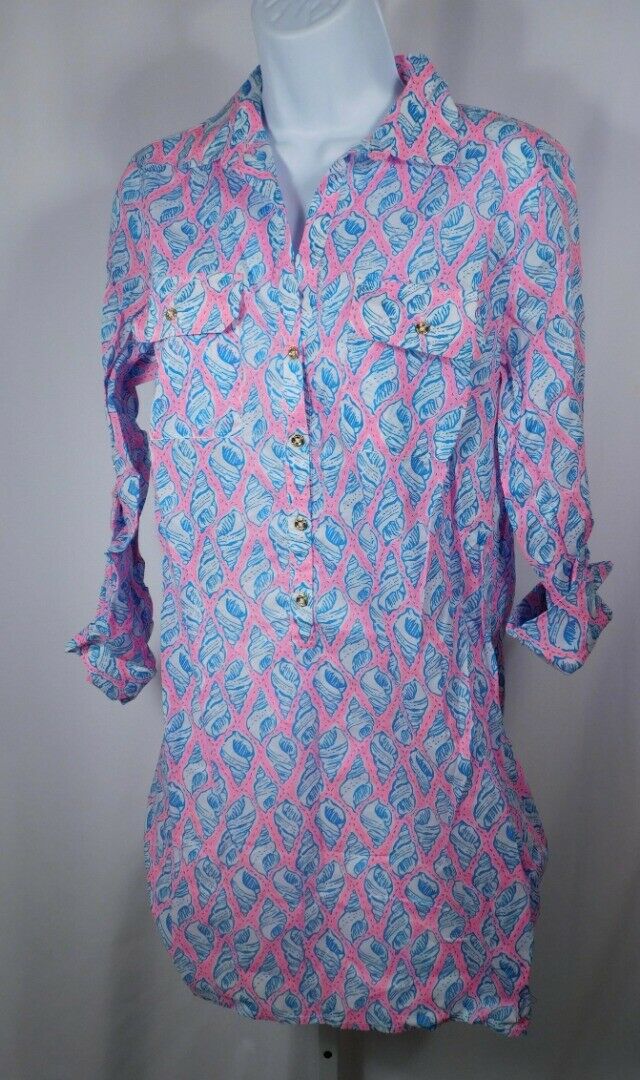 LILLY PULITZER Women's Turquoise Pink Shell Print V-Neck Cover Up Tunic Sz S