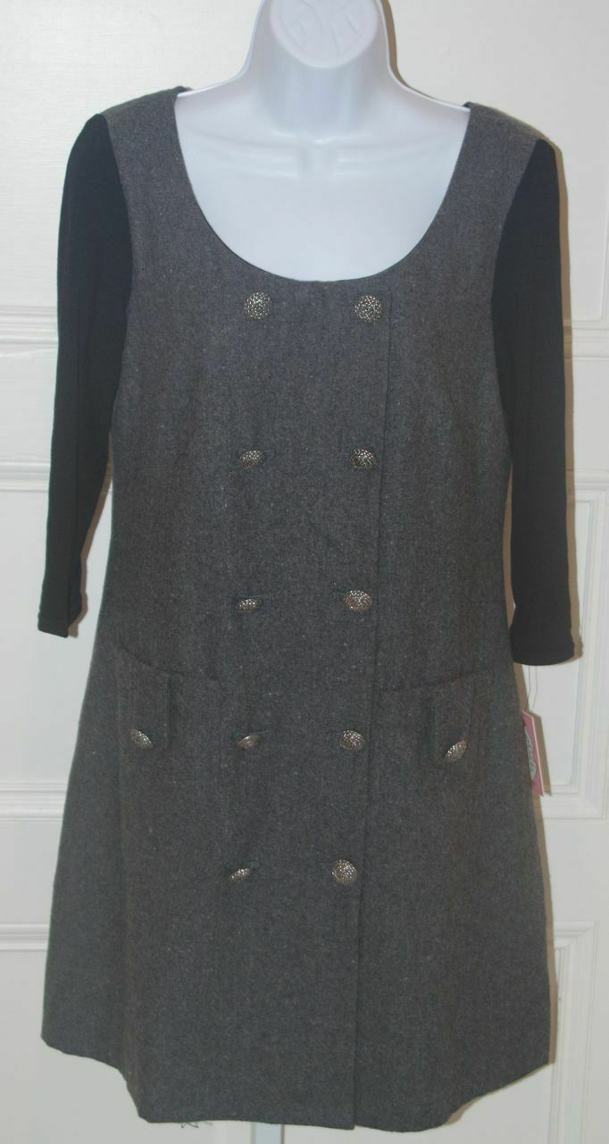 NWT PHOEBE COUTURE Gray Wool Blend W Black 3/4 Sleeve Shift Dress Sz 4