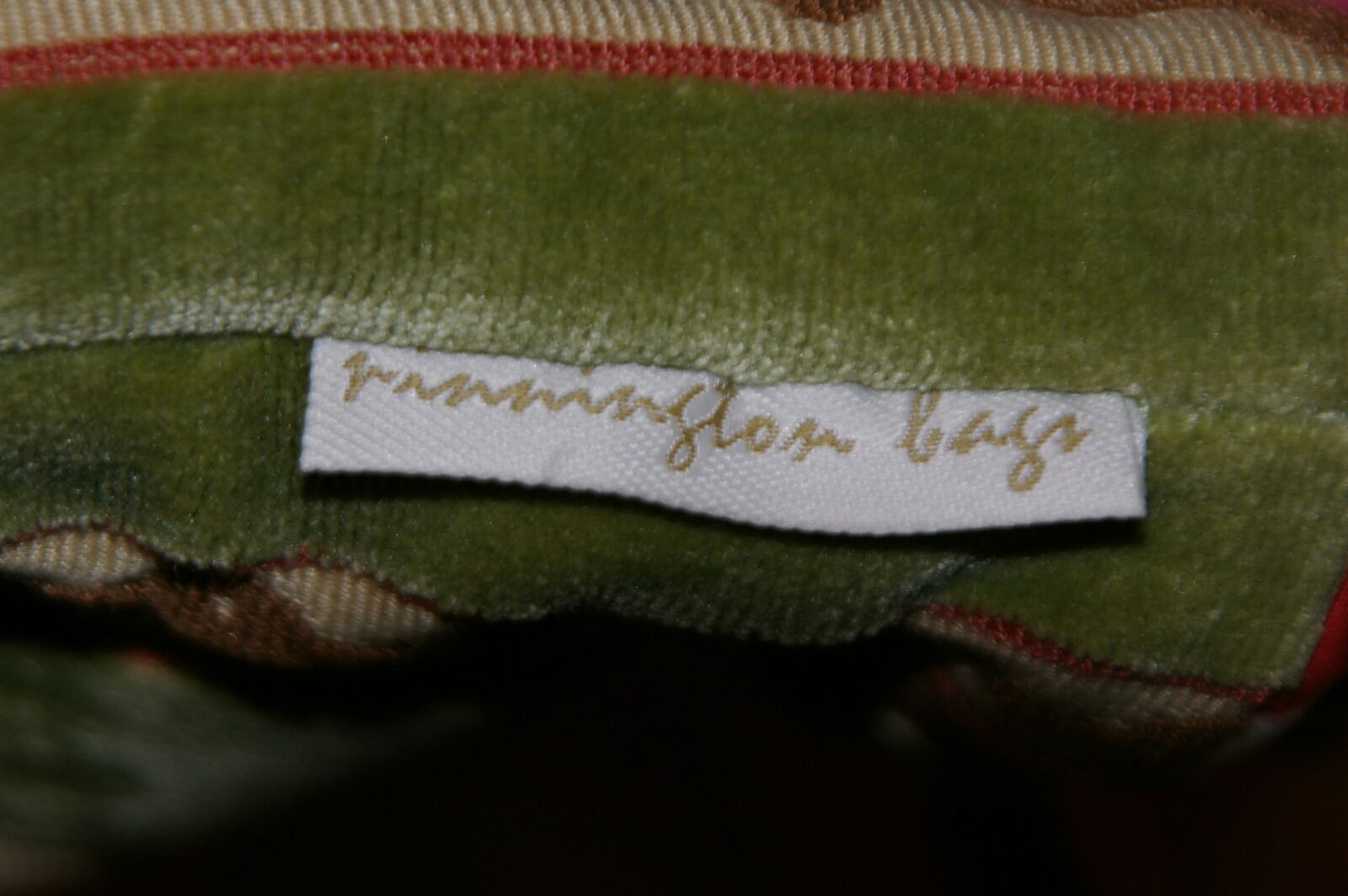 PINNINGTON BAGS Green Velvet, Pink & Brown Small Tote Handbag Bamboo Handles - Image 6