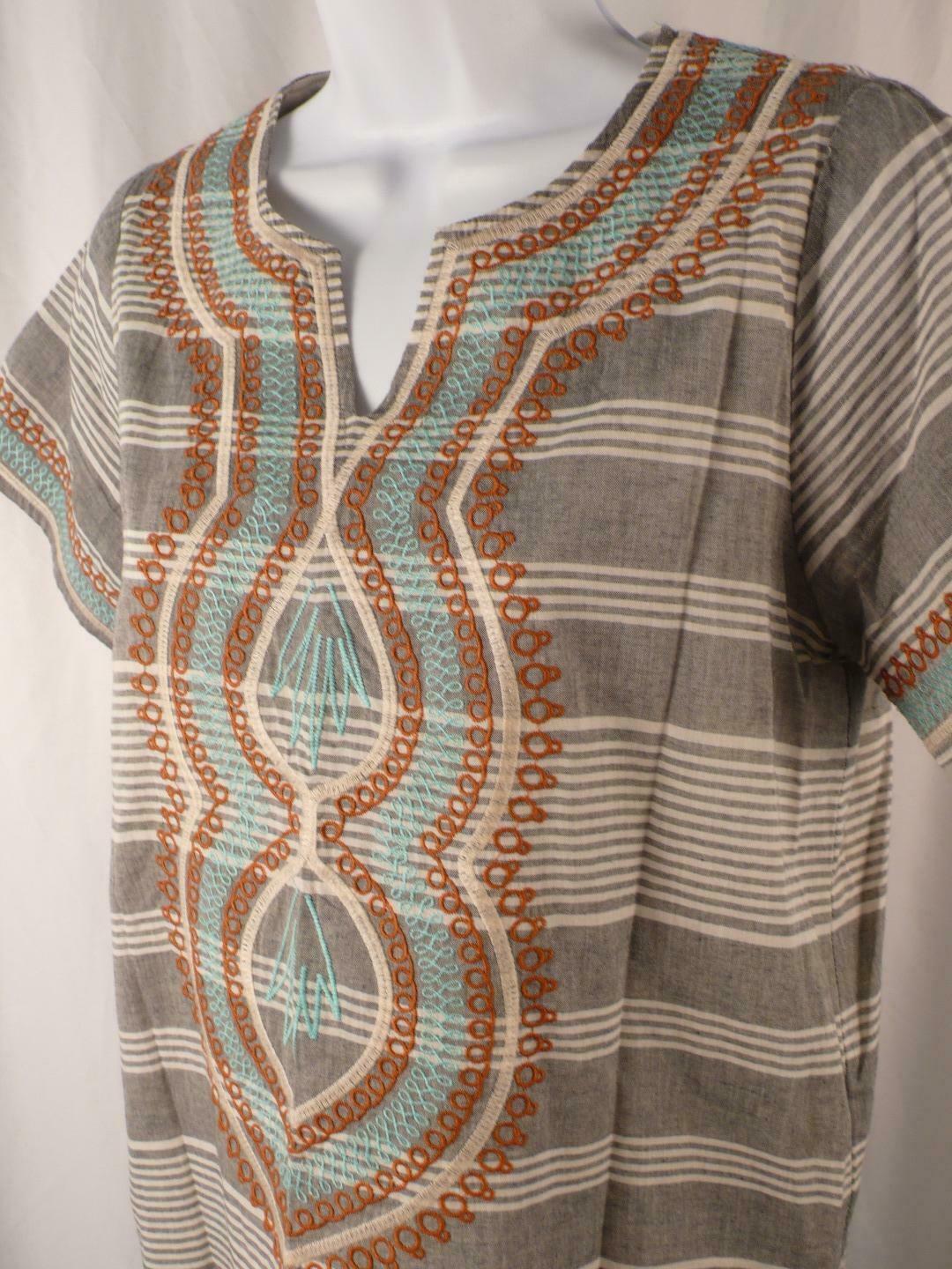 THML Women's Gray Ivory Striped Embroidered Short Slve V-Neck Cotton Dress Sz XS - Image 4