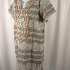 THML Women's Gray Ivory Striped Embroidered Short Slve V-Neck Cotton Dress Sz XS