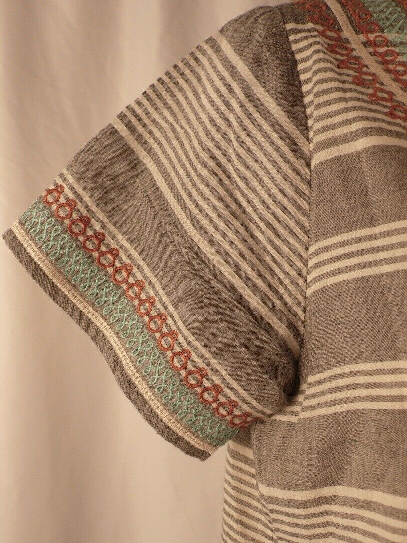 THML Women's Gray Ivory Striped Embroidered Short Slve V-Neck Cotton Dress Sz XS - Image 5