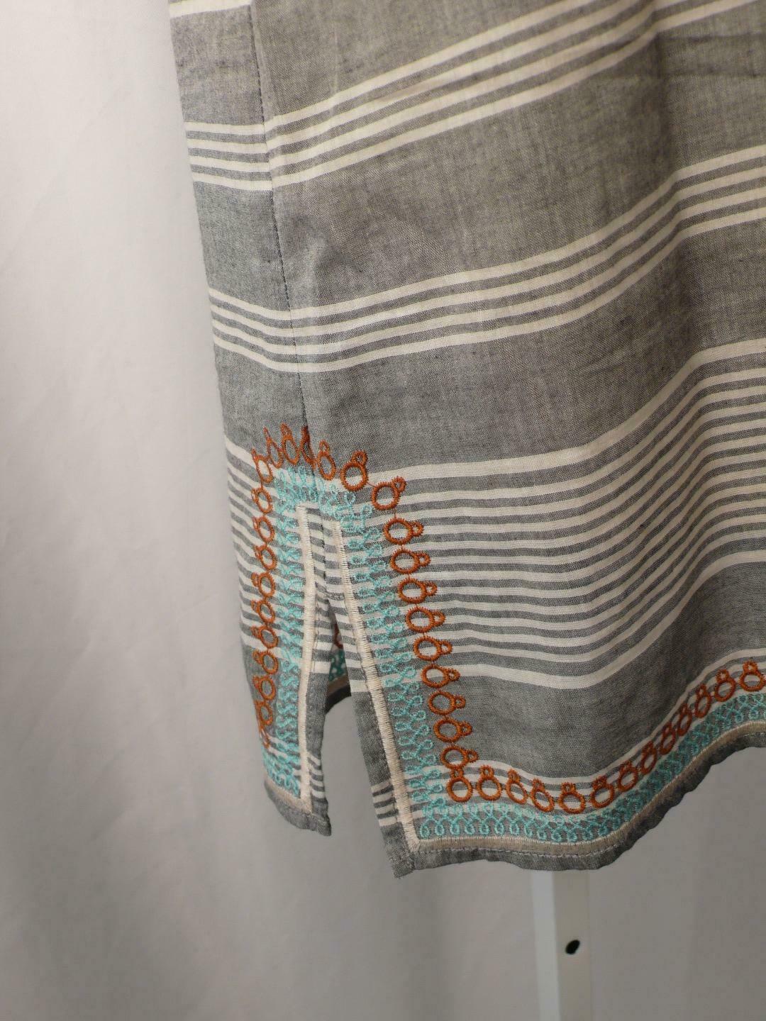 THML Women's Gray Ivory Striped Embroidered Short Slve V-Neck Cotton Dress Sz XS - Image 7
