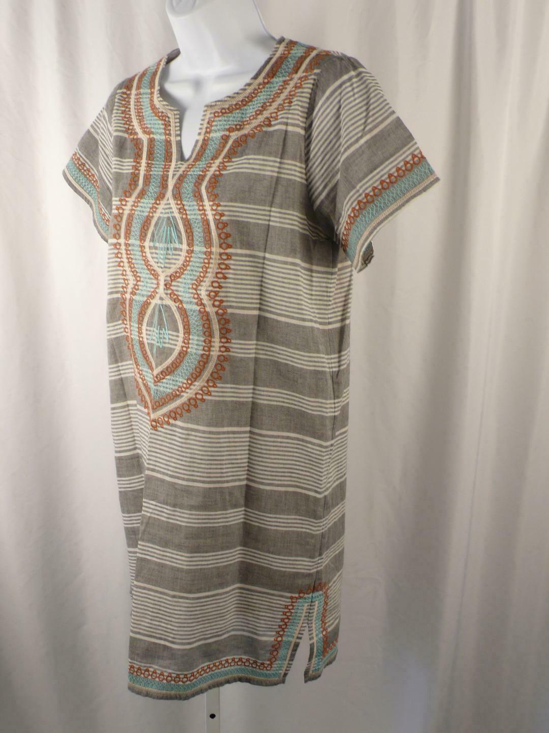 THML Women's Gray Ivory Striped Embroidered Short Slve V-Neck Cotton Dress Sz XS