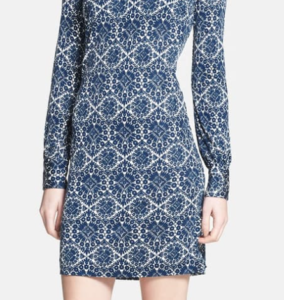 TORY BURCH NWT Castillo Allover A Dark Bahama LS V-Neck Walker Dress Sz L ($425)