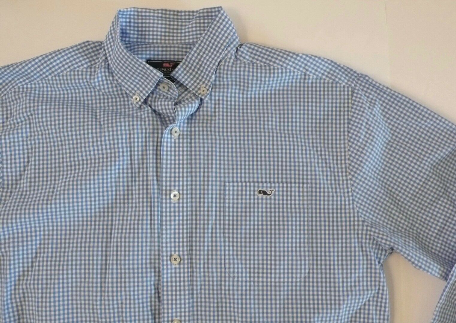 VINEYARD VINES Mens Blue White Micro Check Button Down Classic Tucker Shirt Sz L - Image 3